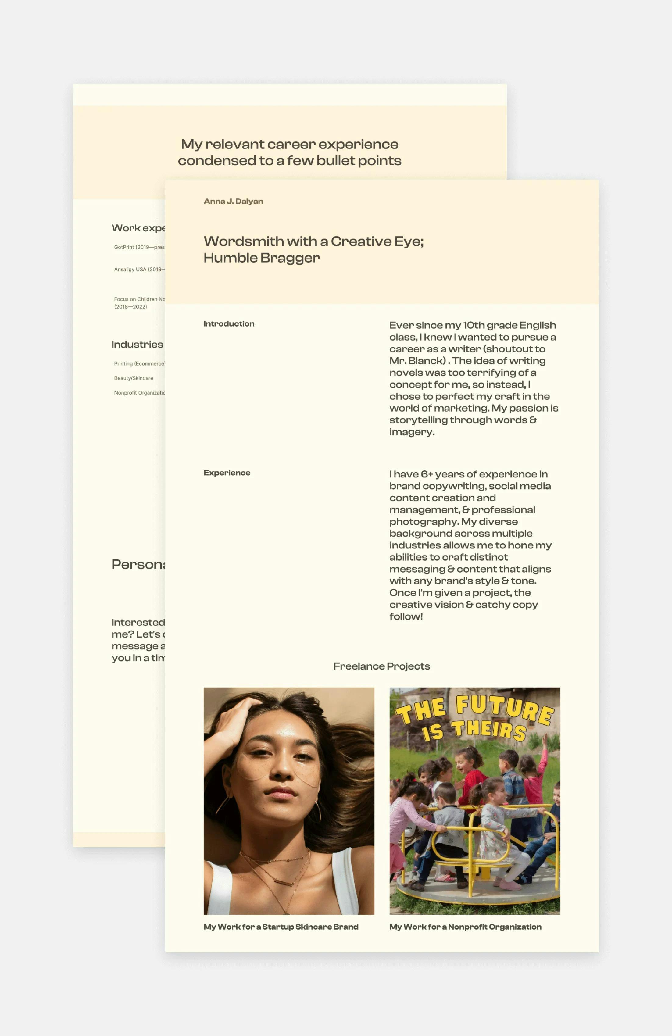 The yellow copywriting portfolio of Anna Dalyan, made with Copyfolio