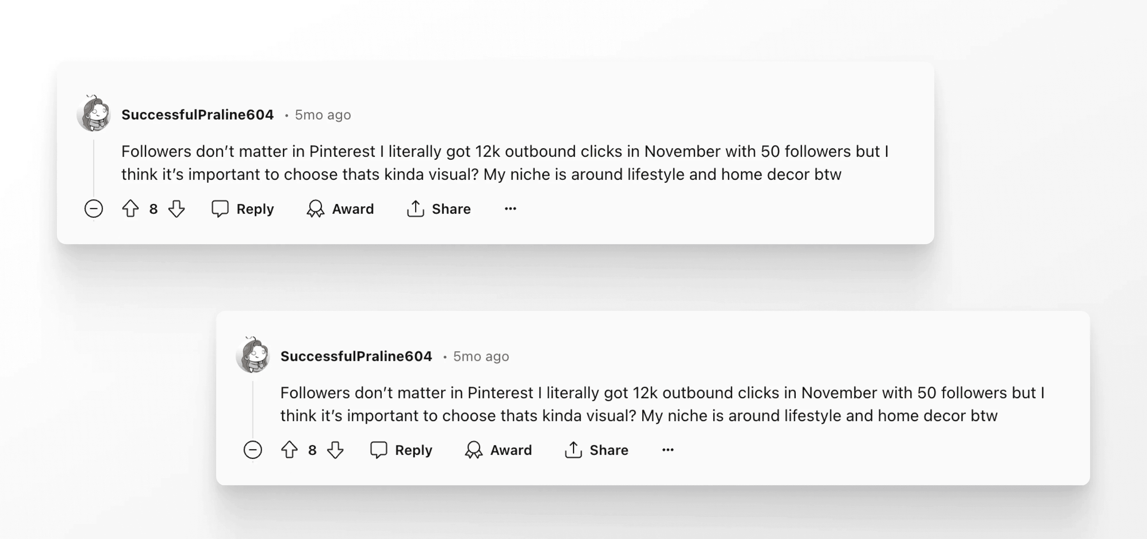 Screenshots of two comments from Reddit, discussing the need for followers on Pinterest