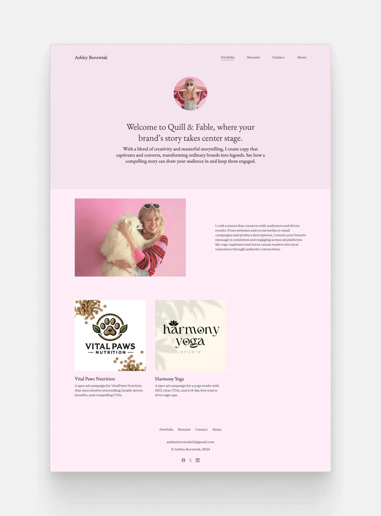 The website of freelance copywriter Ashely, titled Quill&Fable