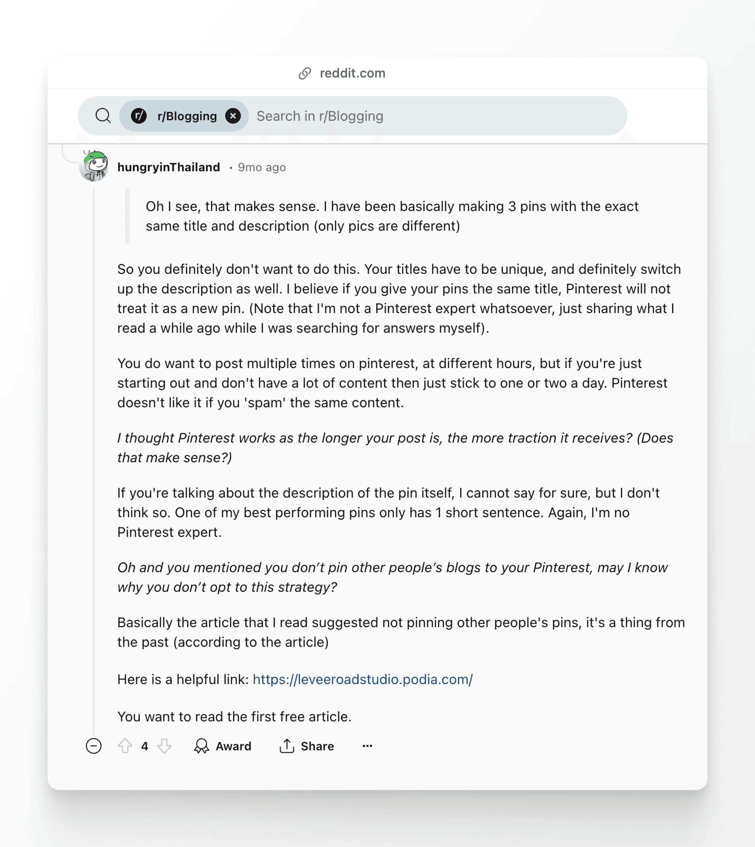 Screenshot of a Reddit comment suggesting you don't need to post dozends of pins a day