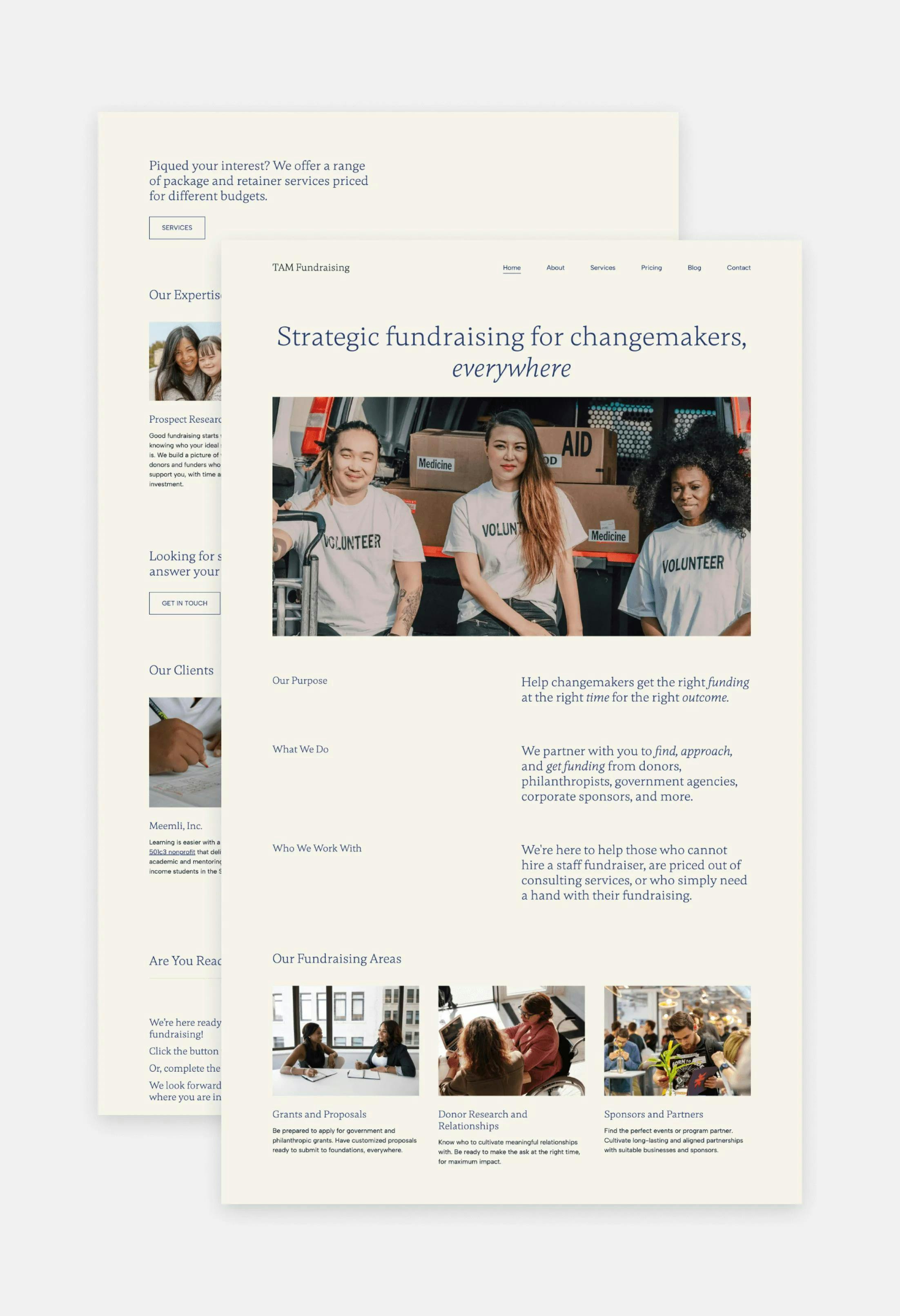 The website of TAM Fundraising, using Copyfolio's Artboard template