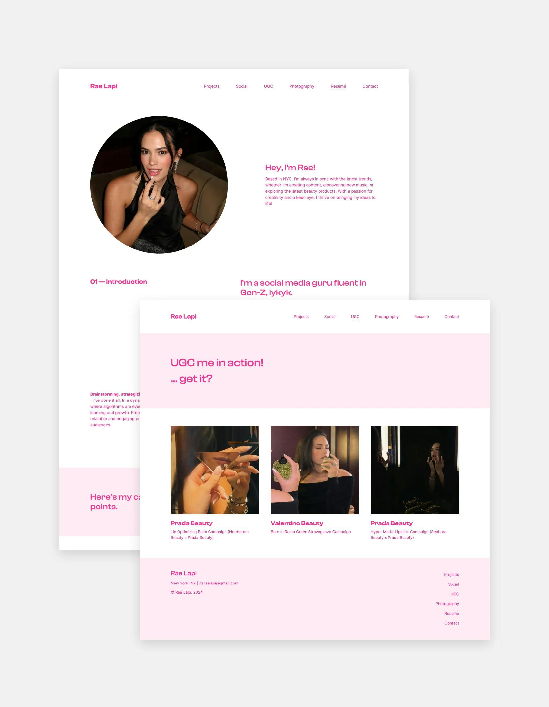 A pink and white UGC portfolio website, showing the about and portfolio pages