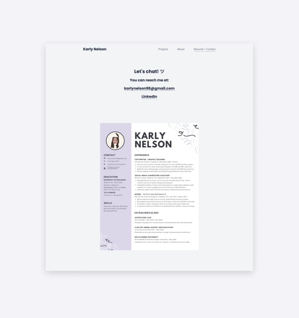The contact page and copywriter resume of Karly Nelson.