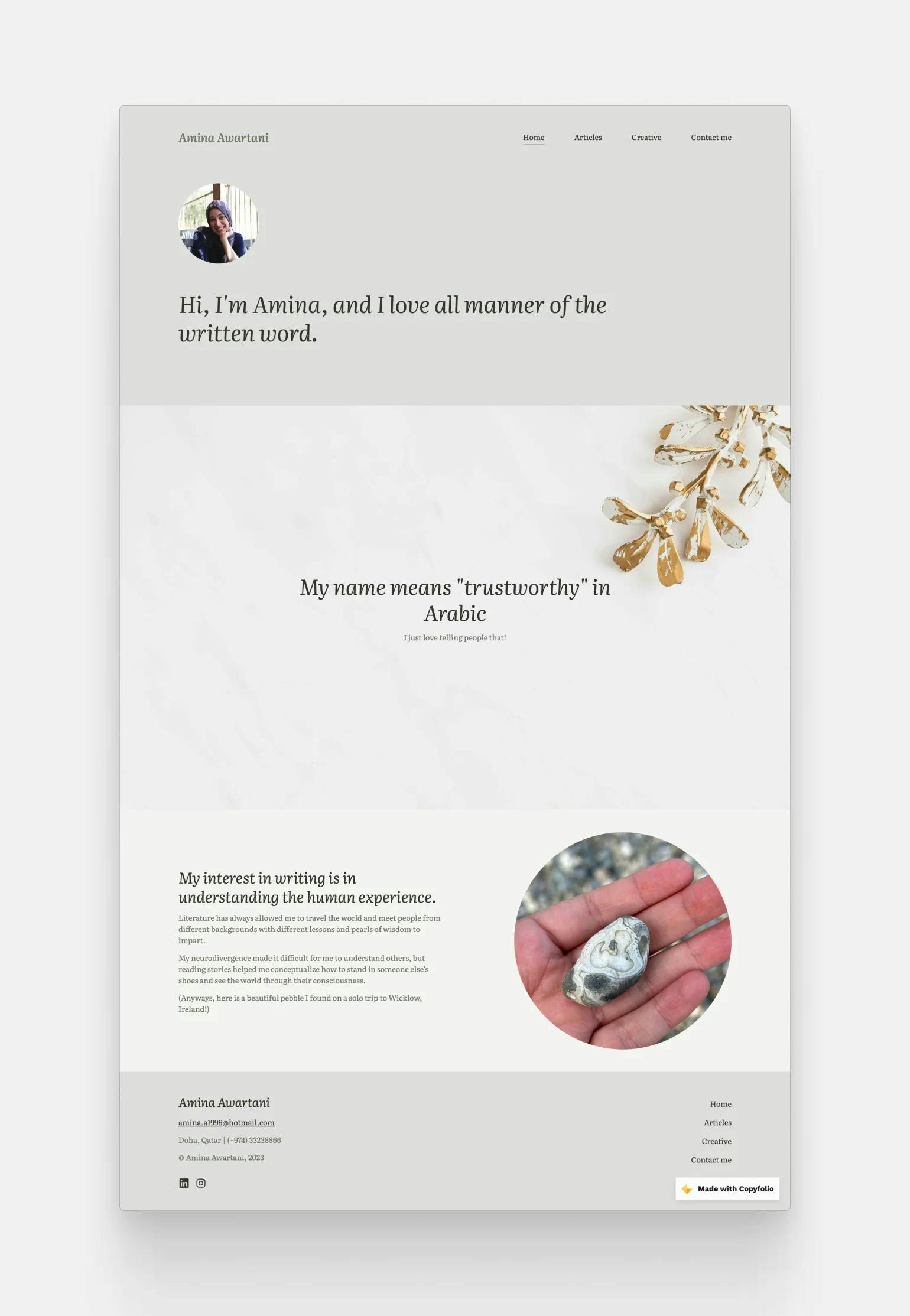 The professional writer website of Amina, built with Copyfolio