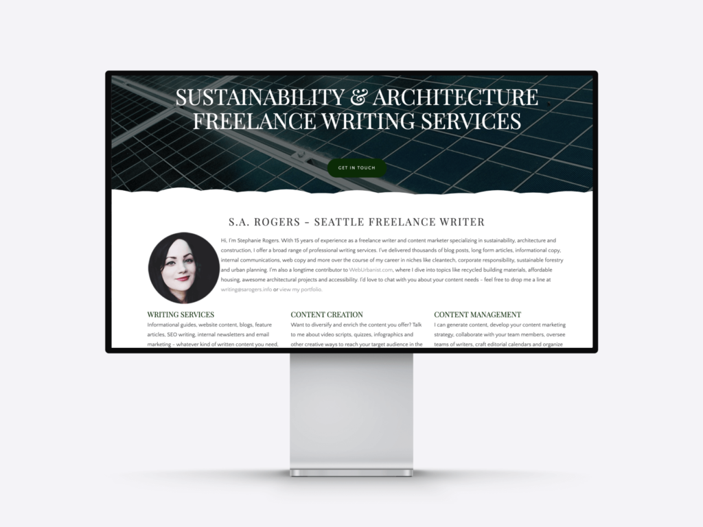 The website of S.A. Rogers, advertising her sustainability and architecture freelance writing services, including content creation and management as well