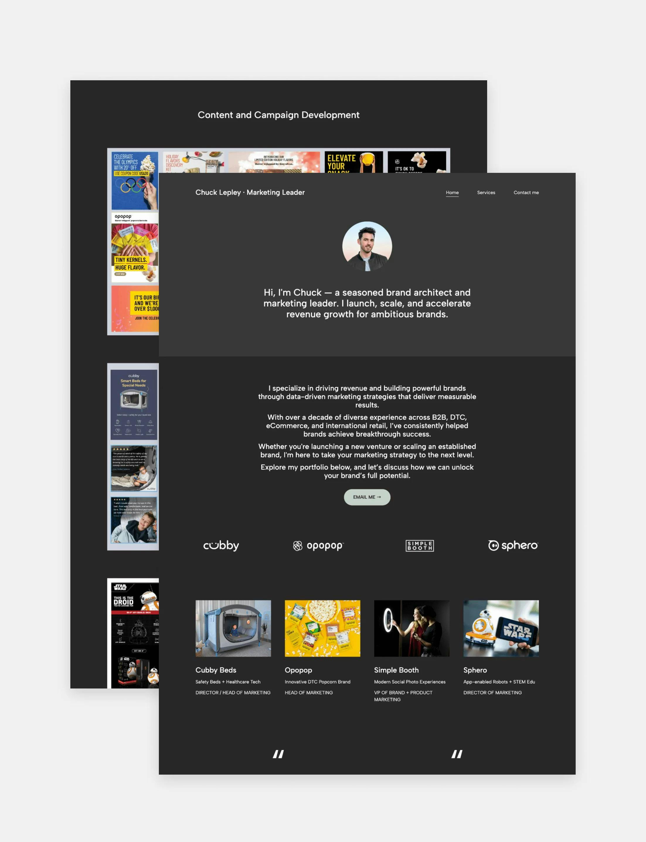 The website homepage of marketing leader Chuck Lepley, made with Copyfolio