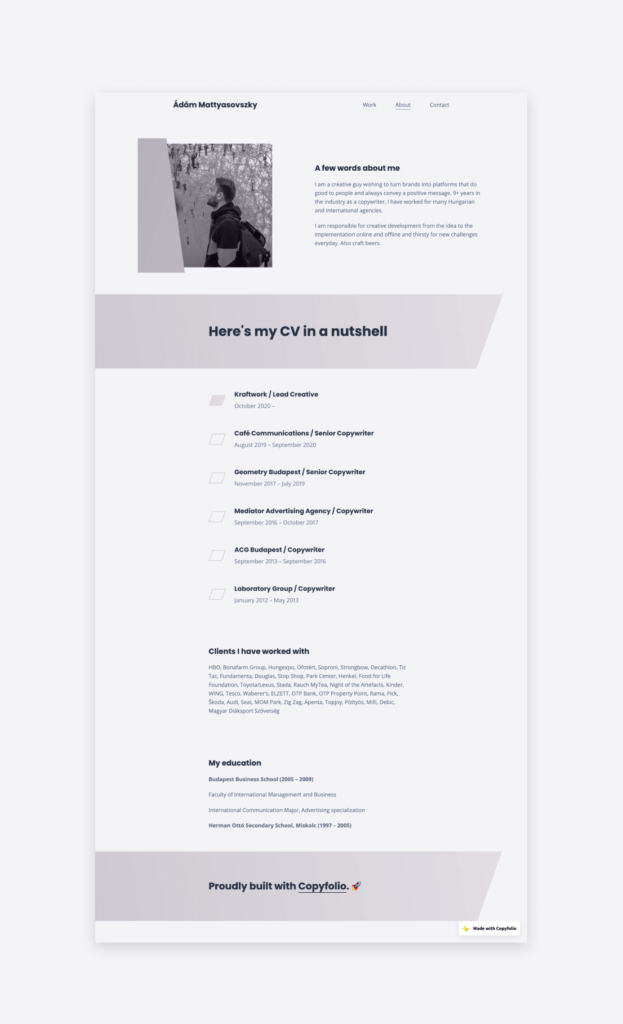 The about page and copywriter resume of Ádám Mattyasovszky, Lead Creative at Kraftwork.