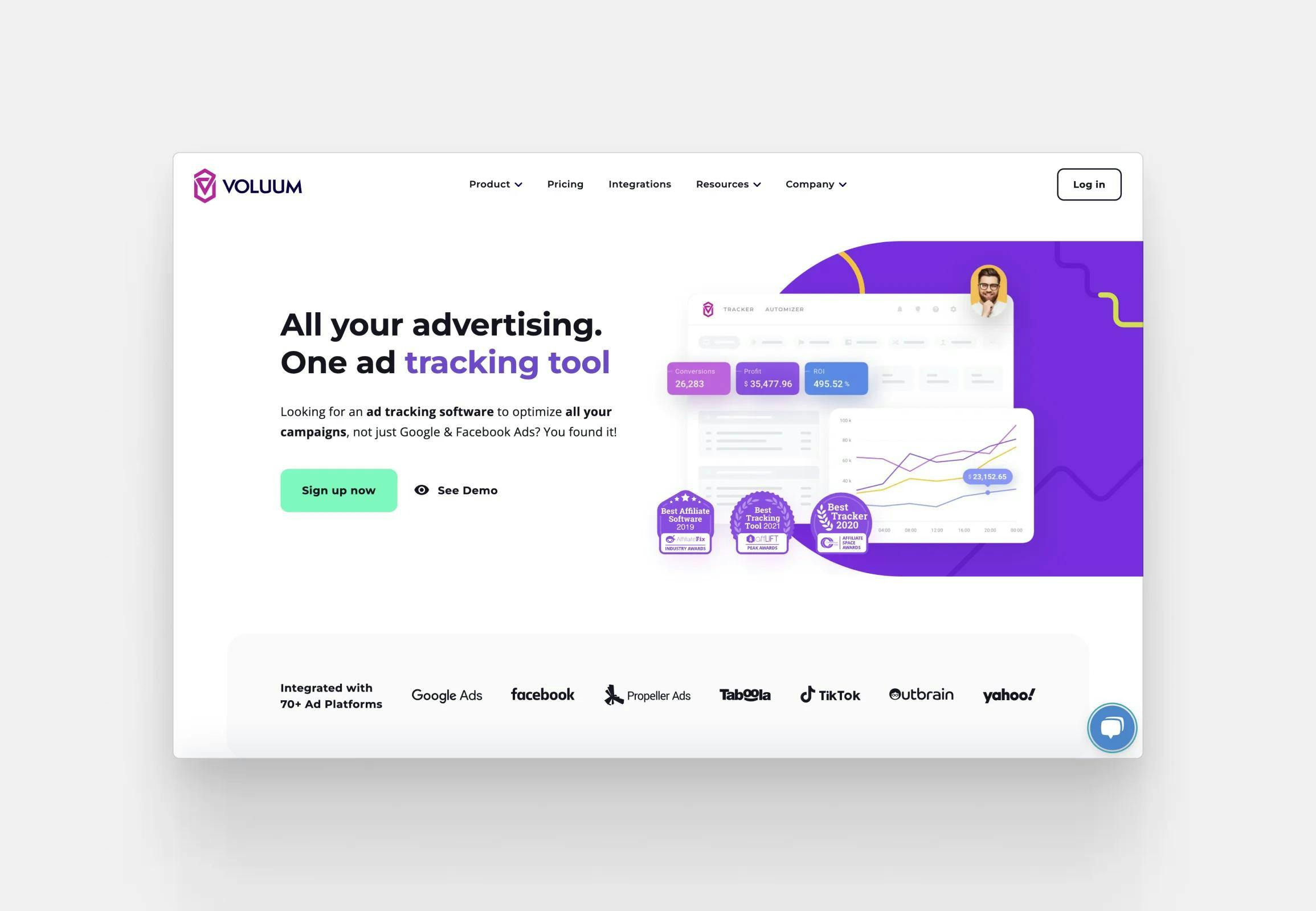 The landing page of Voluum, an ad tracking tool that helps marketers monitor their advertising campaigns