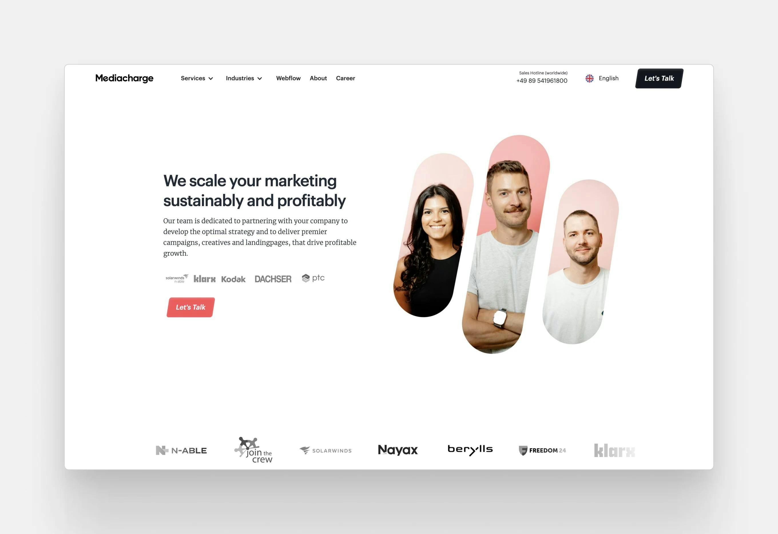 The website of Mediacharge, a European marketing agency based in Germany