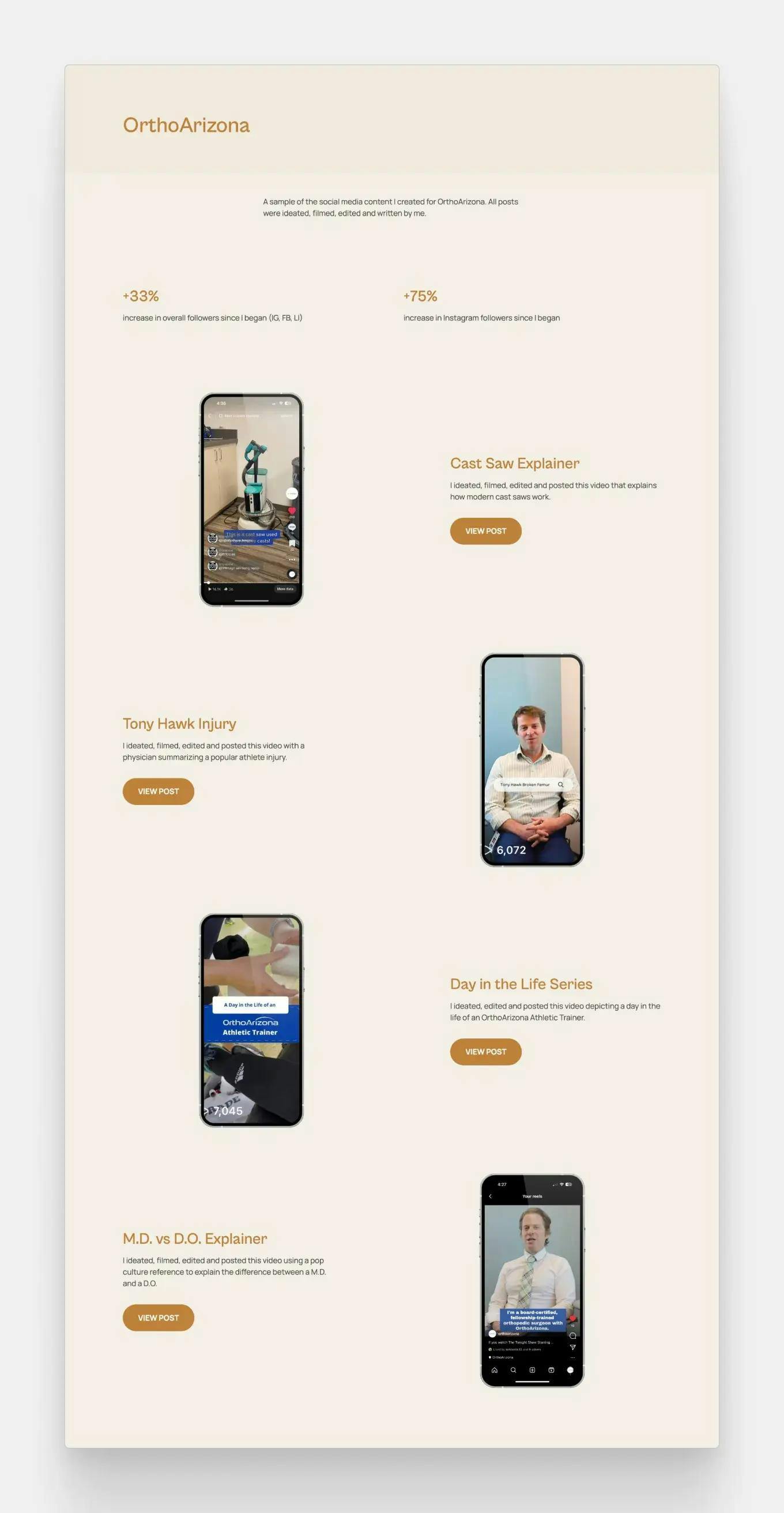 Shaylee's case study, using phone mockups to showcase her social media work samples