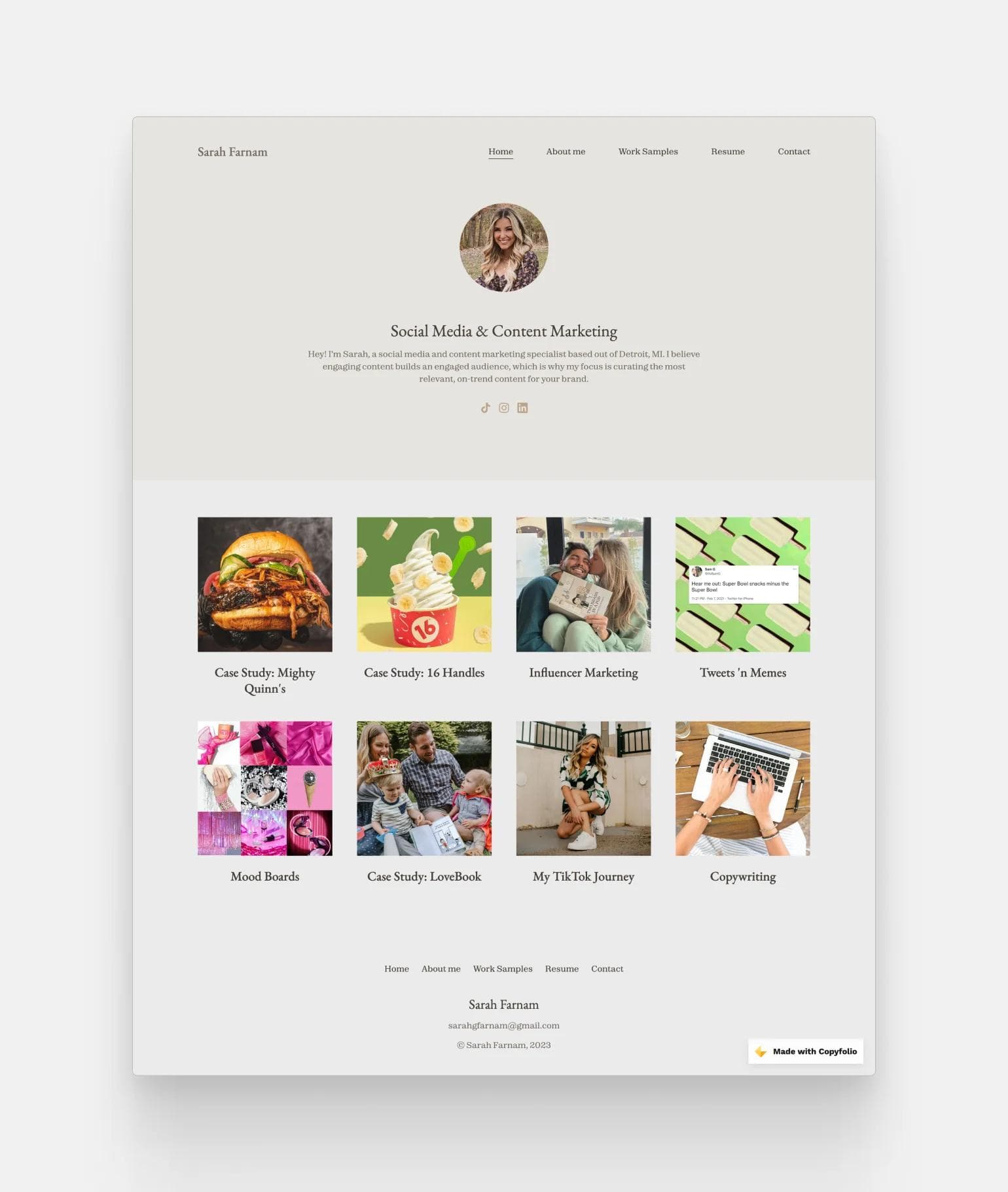 Sarah Farnam's social media and content marketing portfolio website, made with Copyfolio