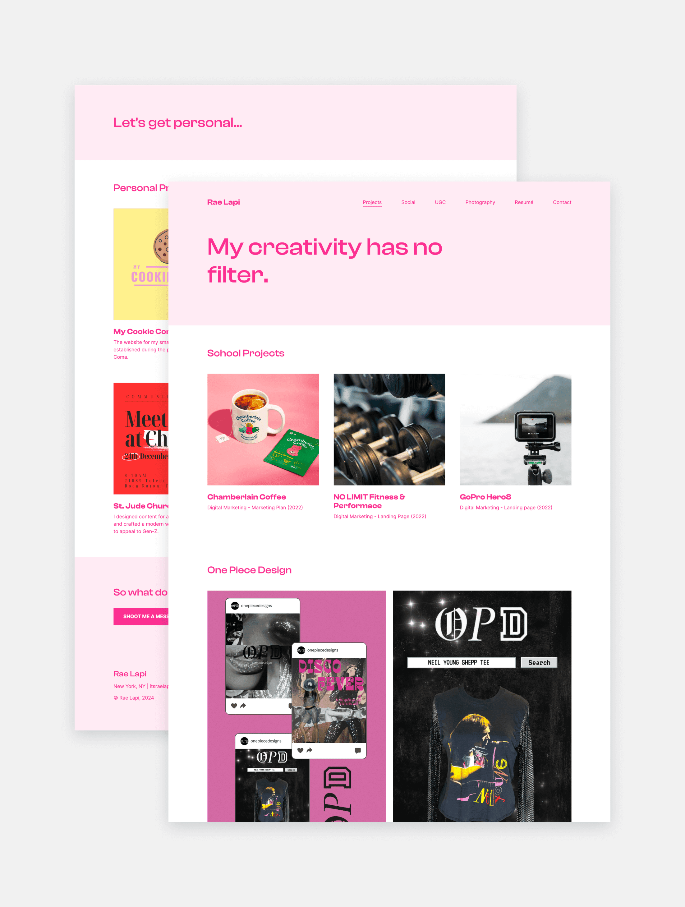 The mainly pink and white portfolio website of digital marketer and content creator Rae Lapi.