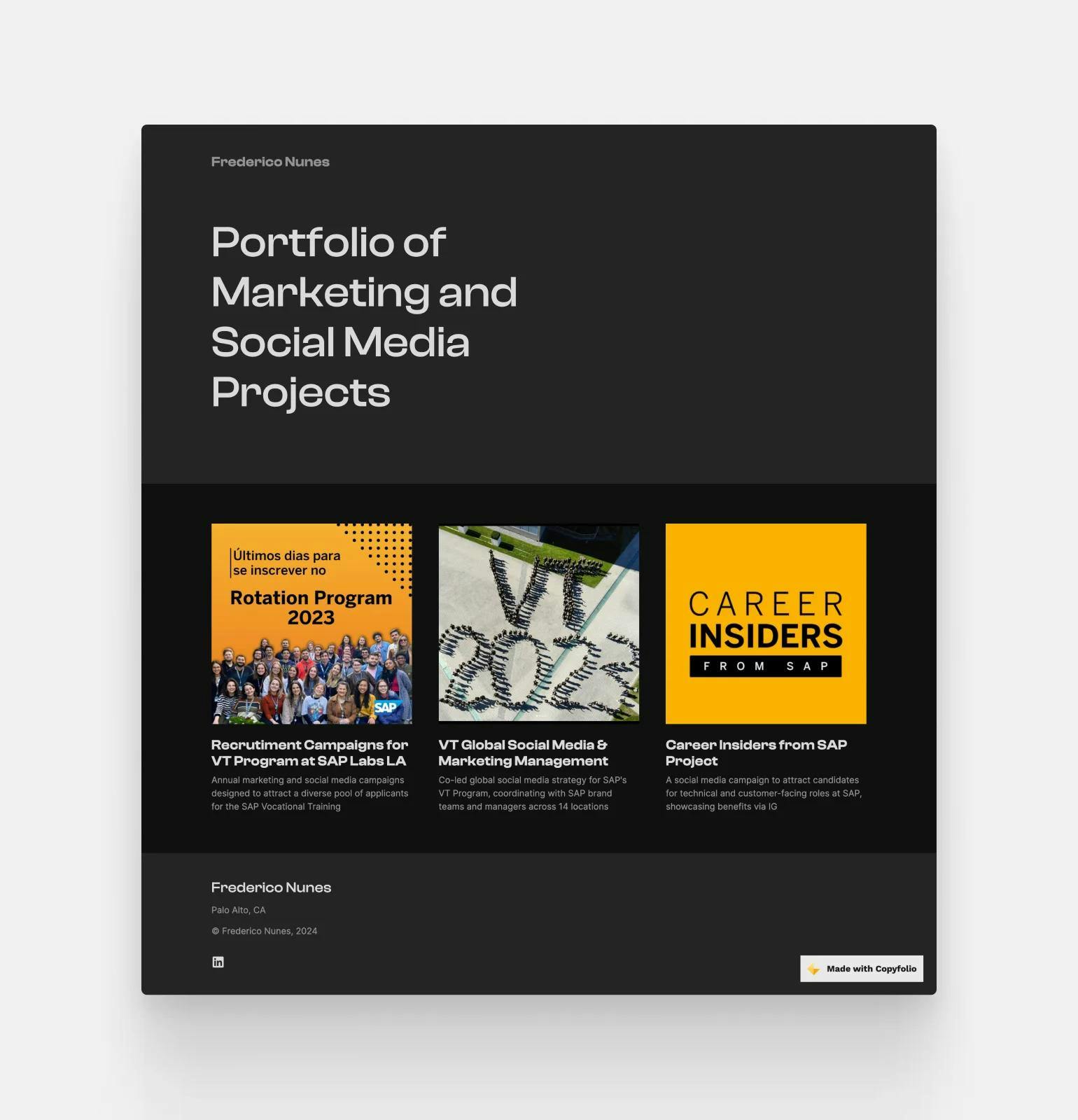 The social media and marketing portfolio of Frederico Nunes, featuring a black background and three projects, with yellow and black-and-white thumbnails