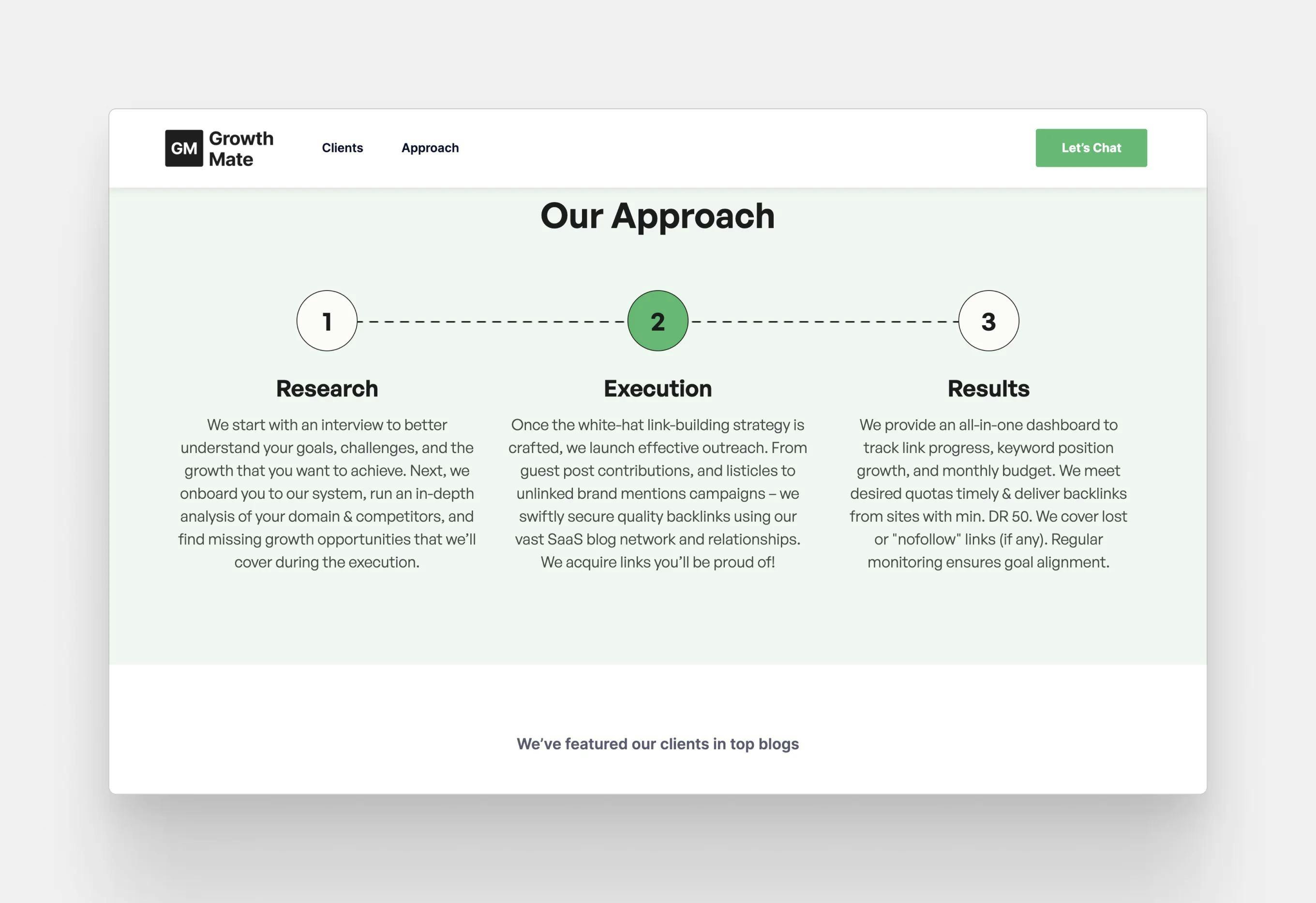 The "Our Approach" page of Growth Mate, a Ukrainian link building agency