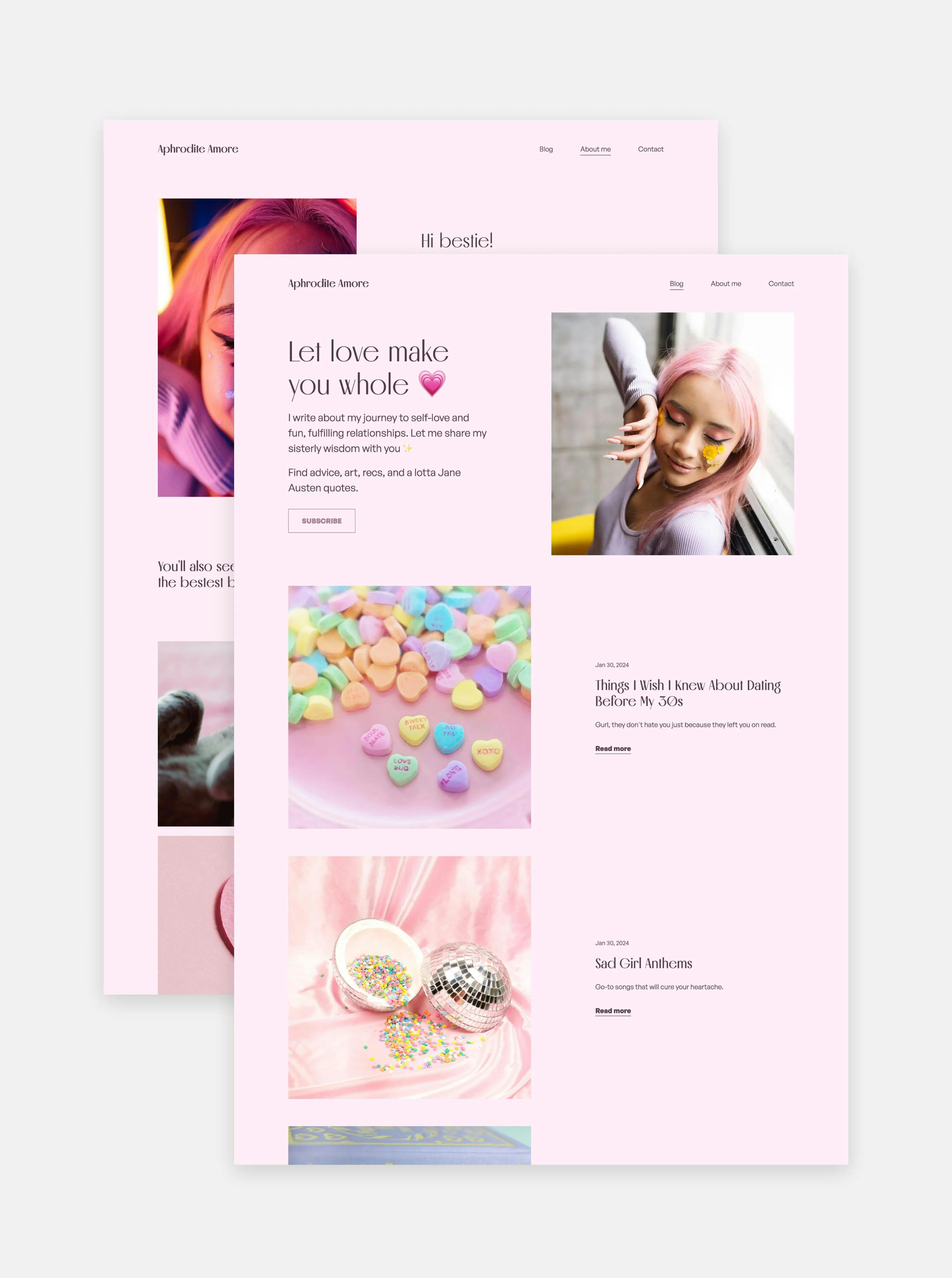 A Valentine's inspired blog made with Copyfolio, featuring a pink background and Valentine's day themed images