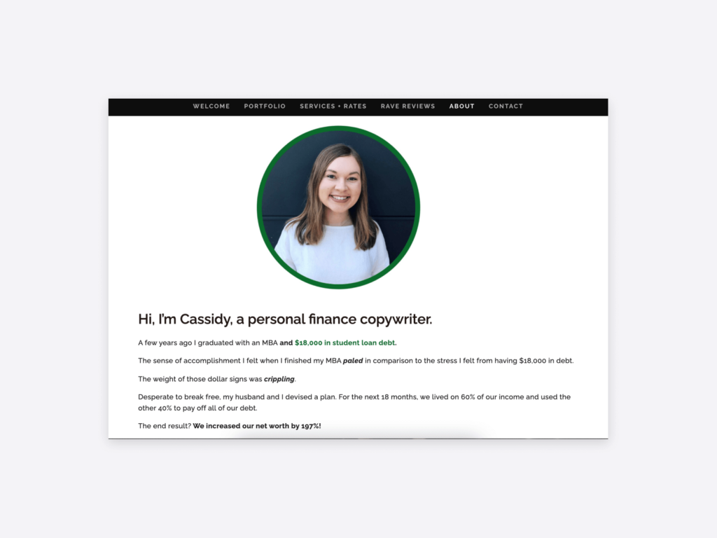 a screenshot of the page of cassidy horton as a freelance writer portfolio example