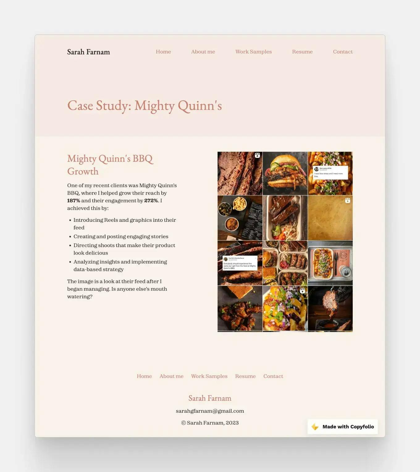 Sarah's social media case study on the work she did on the Instagram page of Mighty Quinn's BBQ