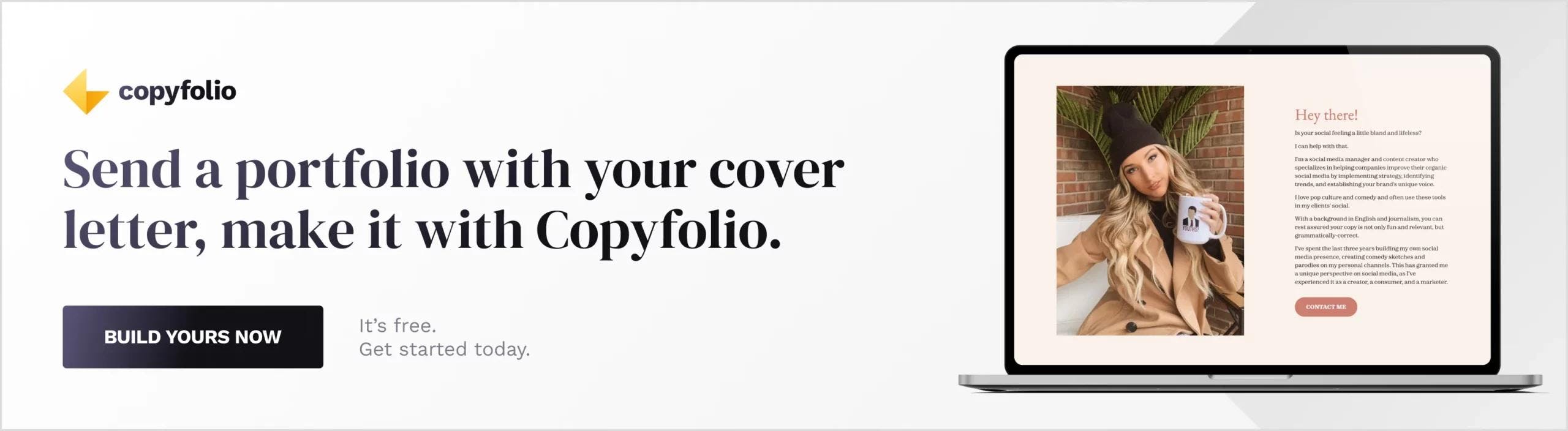 Banner, saying: Send a portfolio with your cover letter, make it with Copyfolio. Underneath this tagline is a button saying 