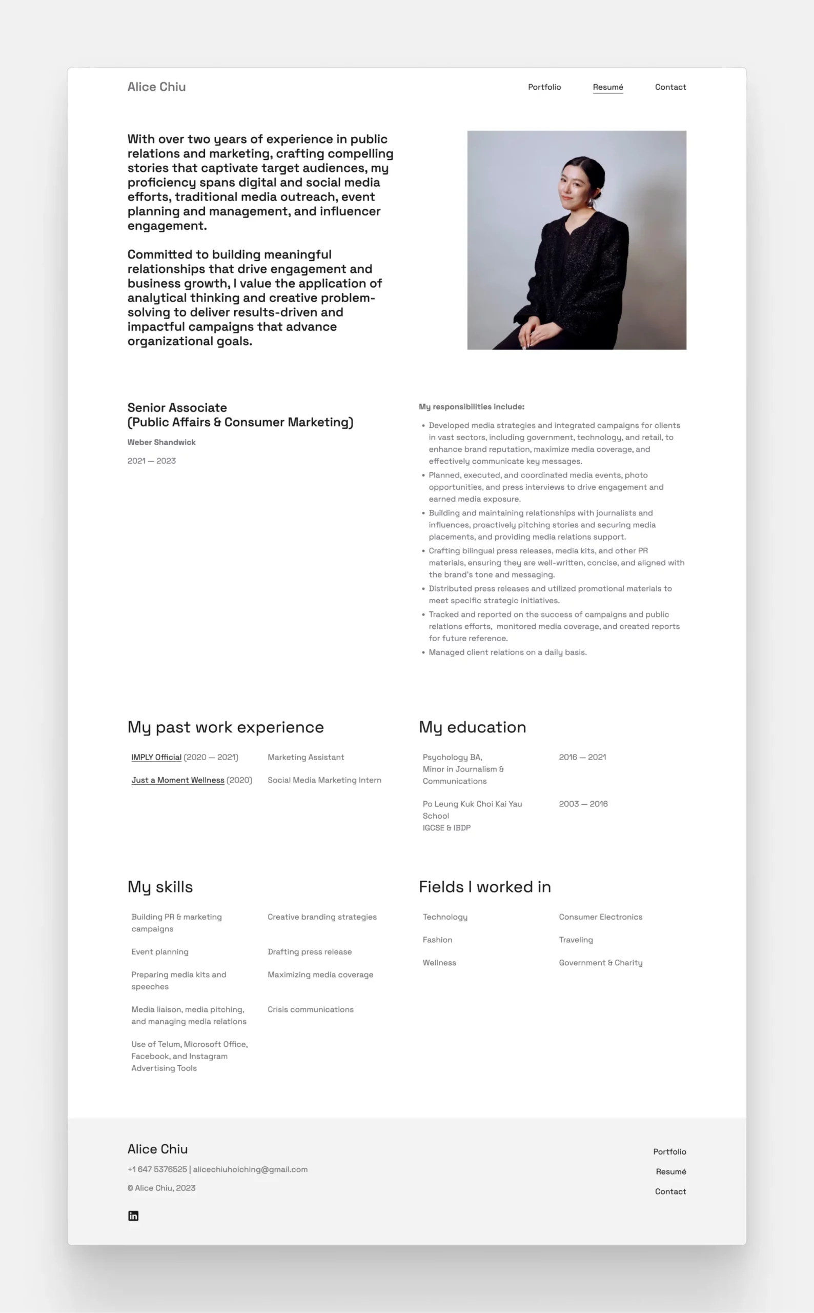 The resume of senior PR professional Alice Chiu, featuring an introduction section with a photo of her, then the traditional resume content: work history and educational background