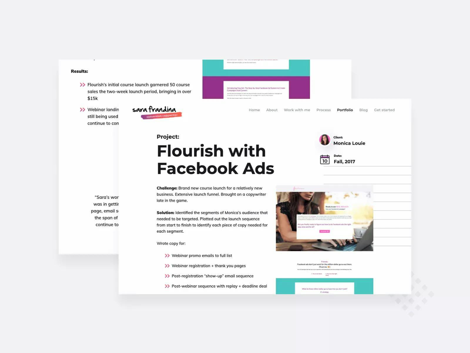 A copywriting case study titled "Flourish with Facebook ads" from Sara Frandina's portfolio