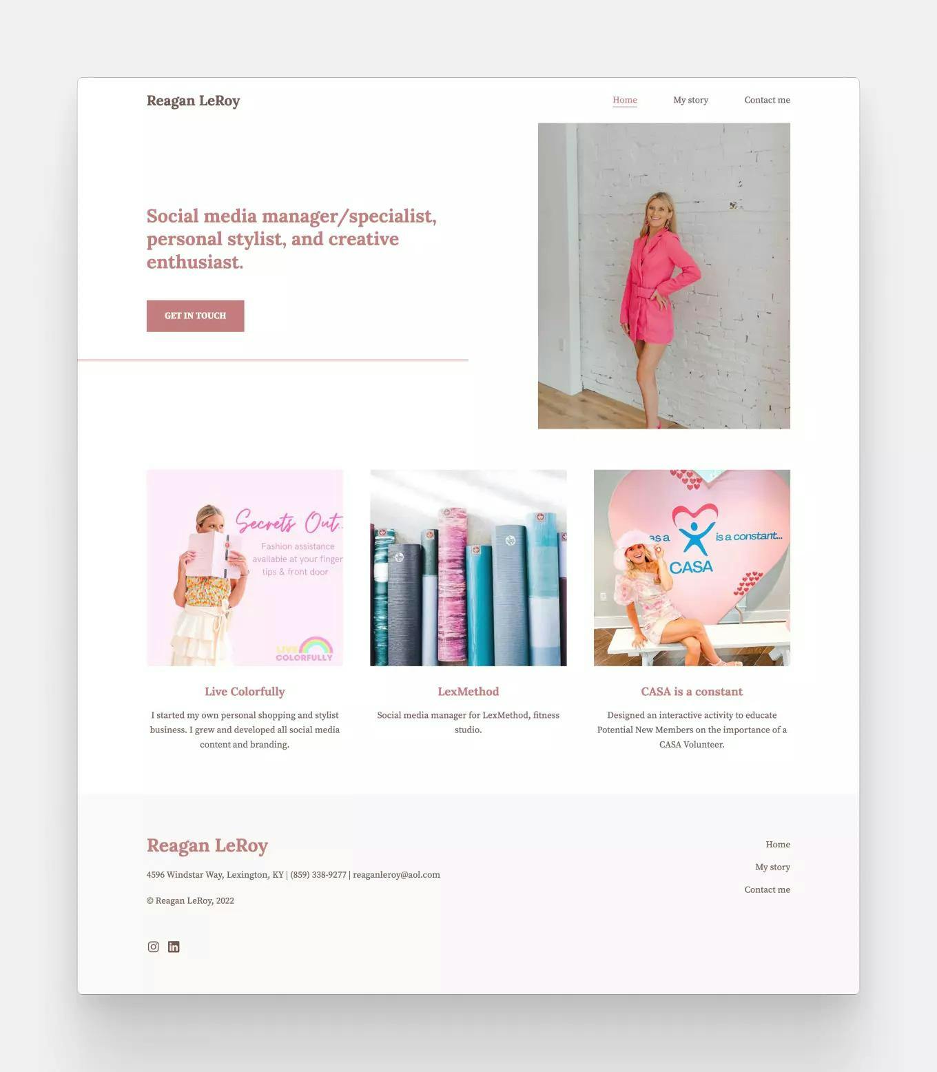 The pink and white portfolio website of social media manager, personal stylist, and creative enthusiast, Reagan LeRoy. 