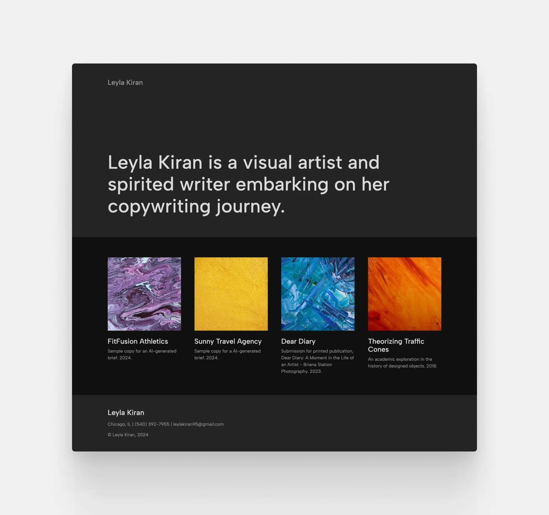 Leyla Kiran's website made with Copyfolio, showing her journey as a visual artist and writer to becoming a copywriter