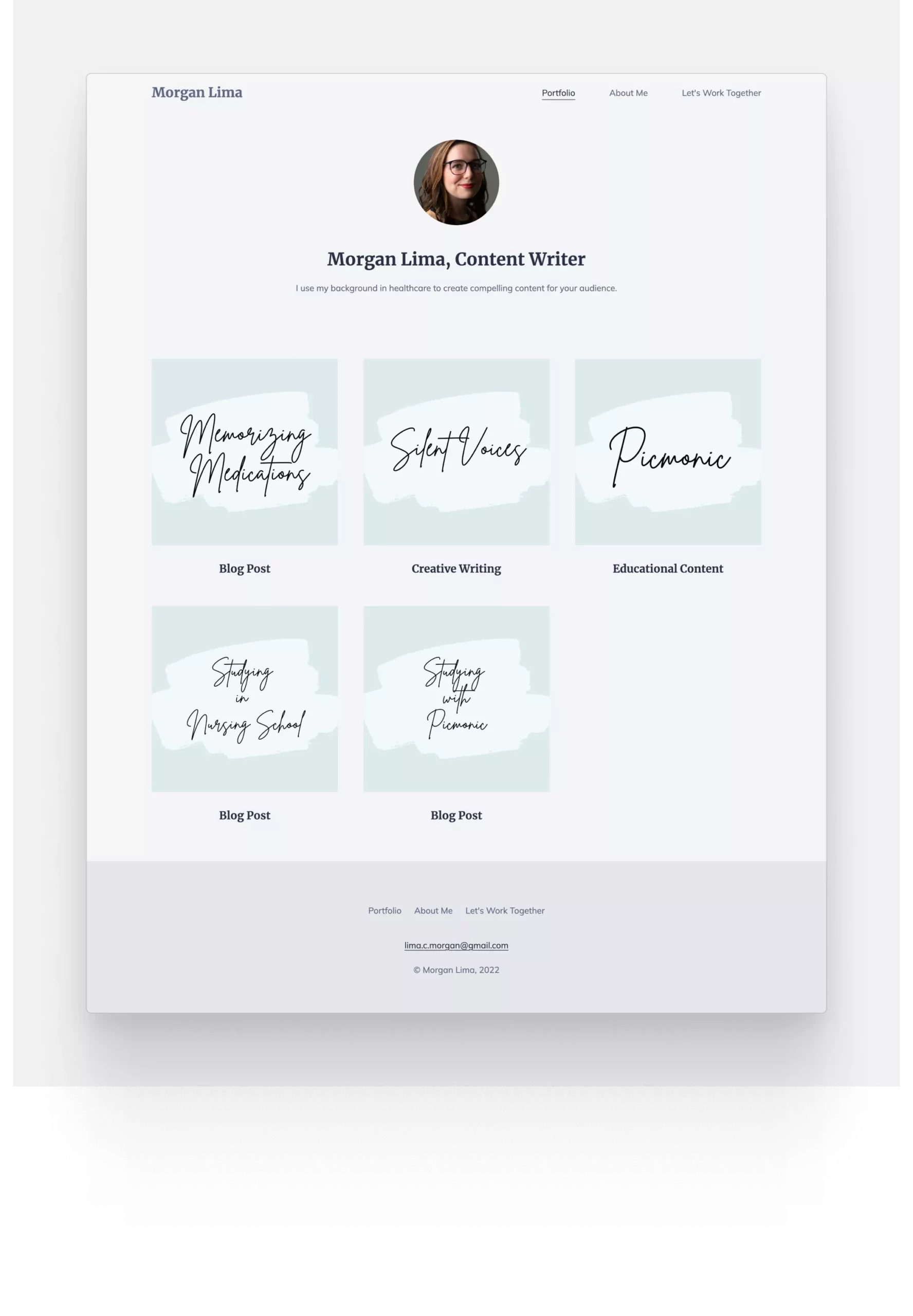 Morgan Lima's blue freelance writing website, featuring 5 of her top writing gigs.