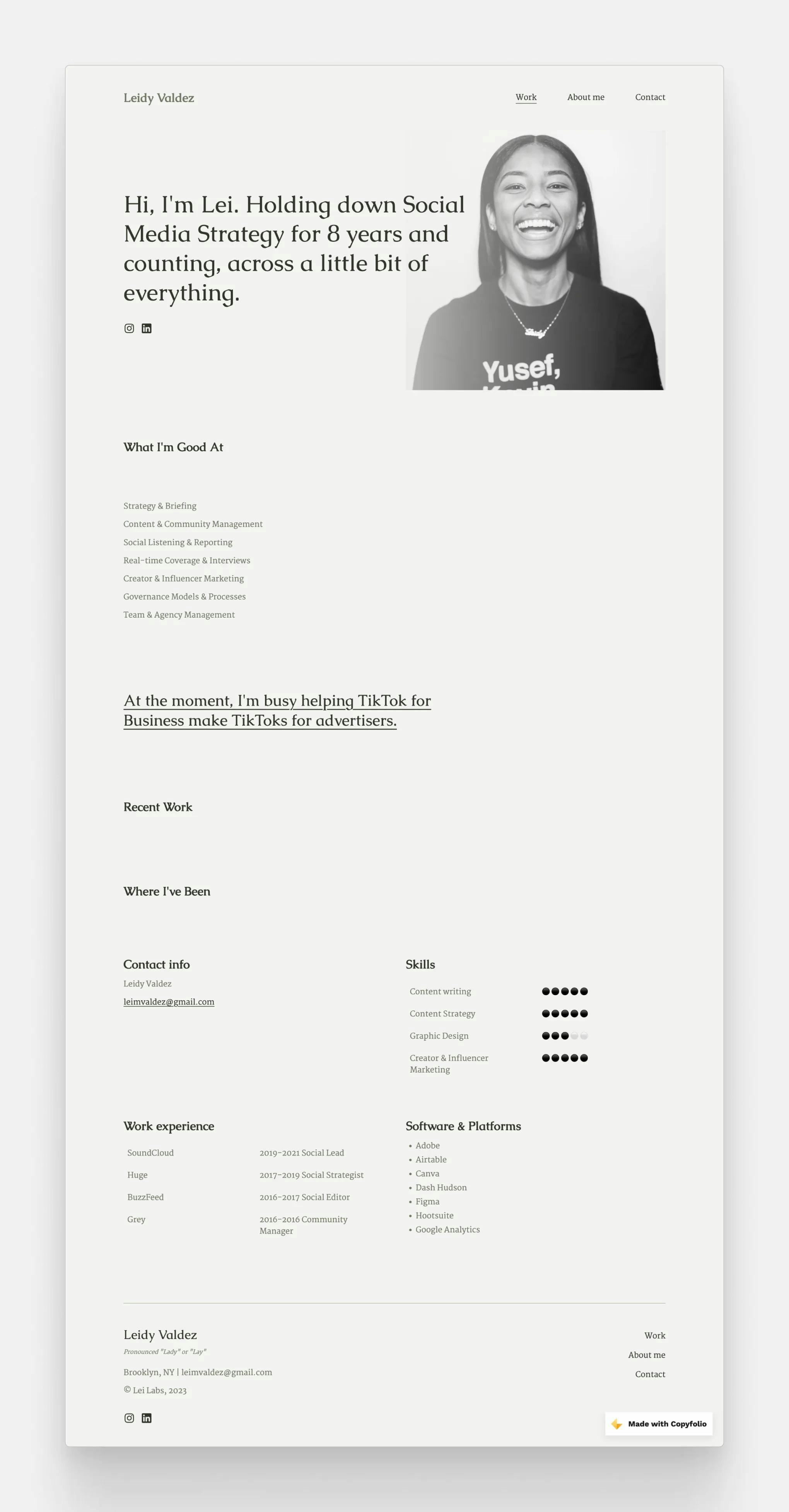 The social media portfolio of Leidy Valdez, made with Copyfolio's Premier portfolio template