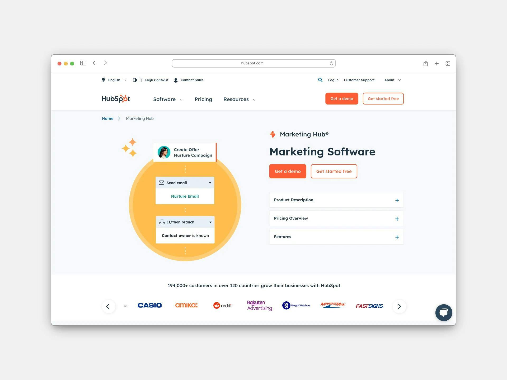 The homepage of popular sales and marketing tool and CRM, HubSpot