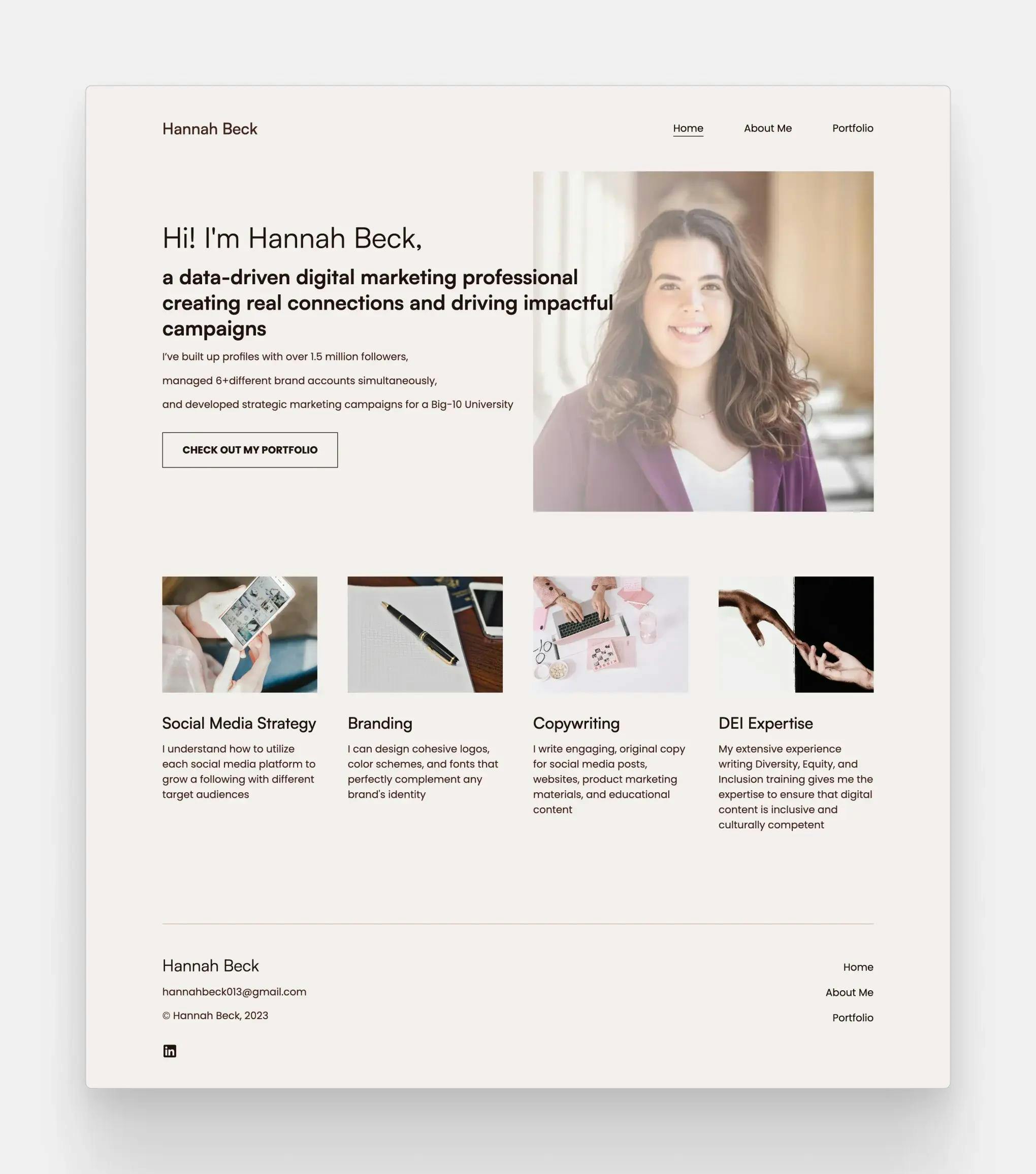 Screenshot of the homepage of Hannah Beck's digital marketing portfolio website, including social media strategy work