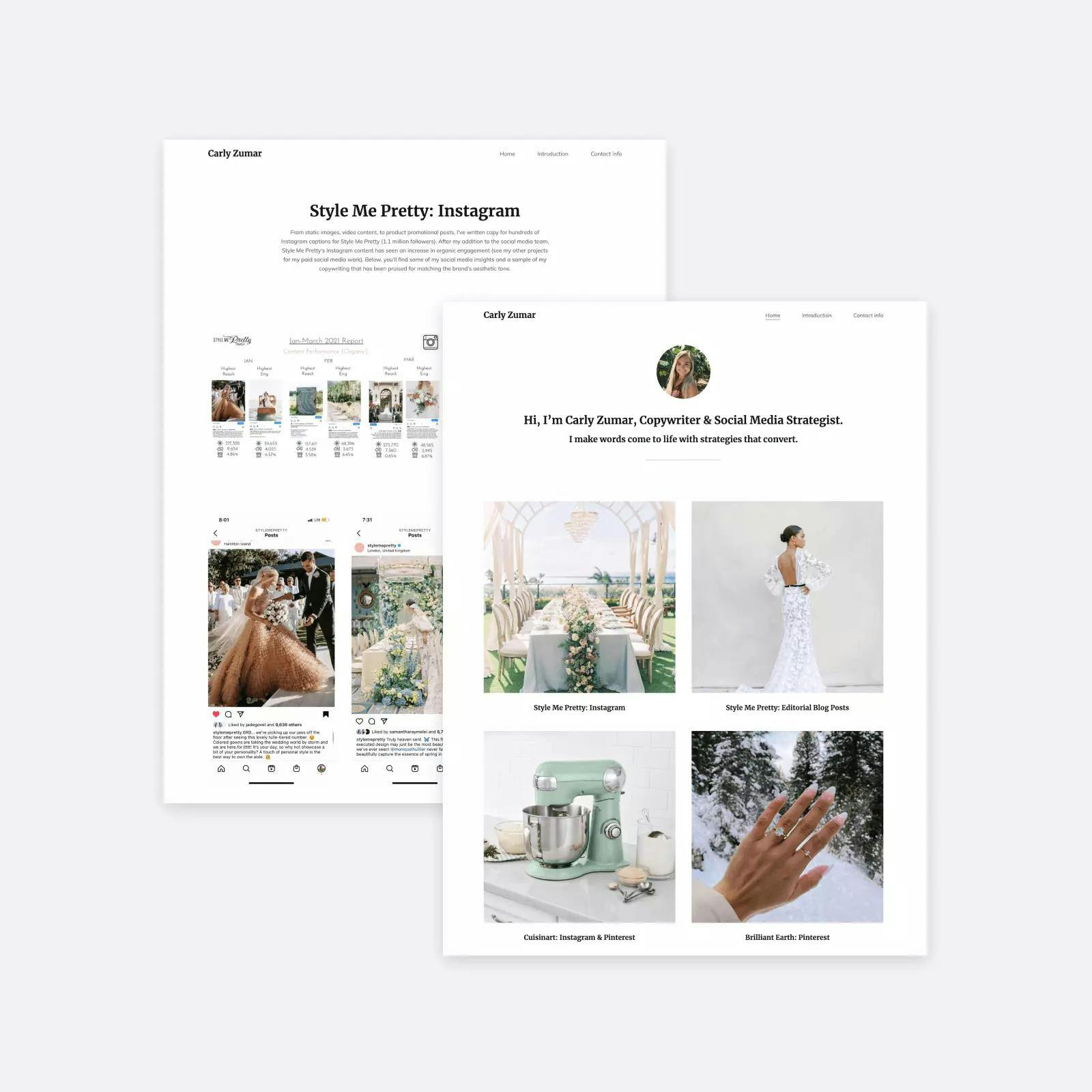 Pages from the copywriting and social media portfolio of Carly Zumar: her homepage featuring projects, and one of her Instagram case study pages.