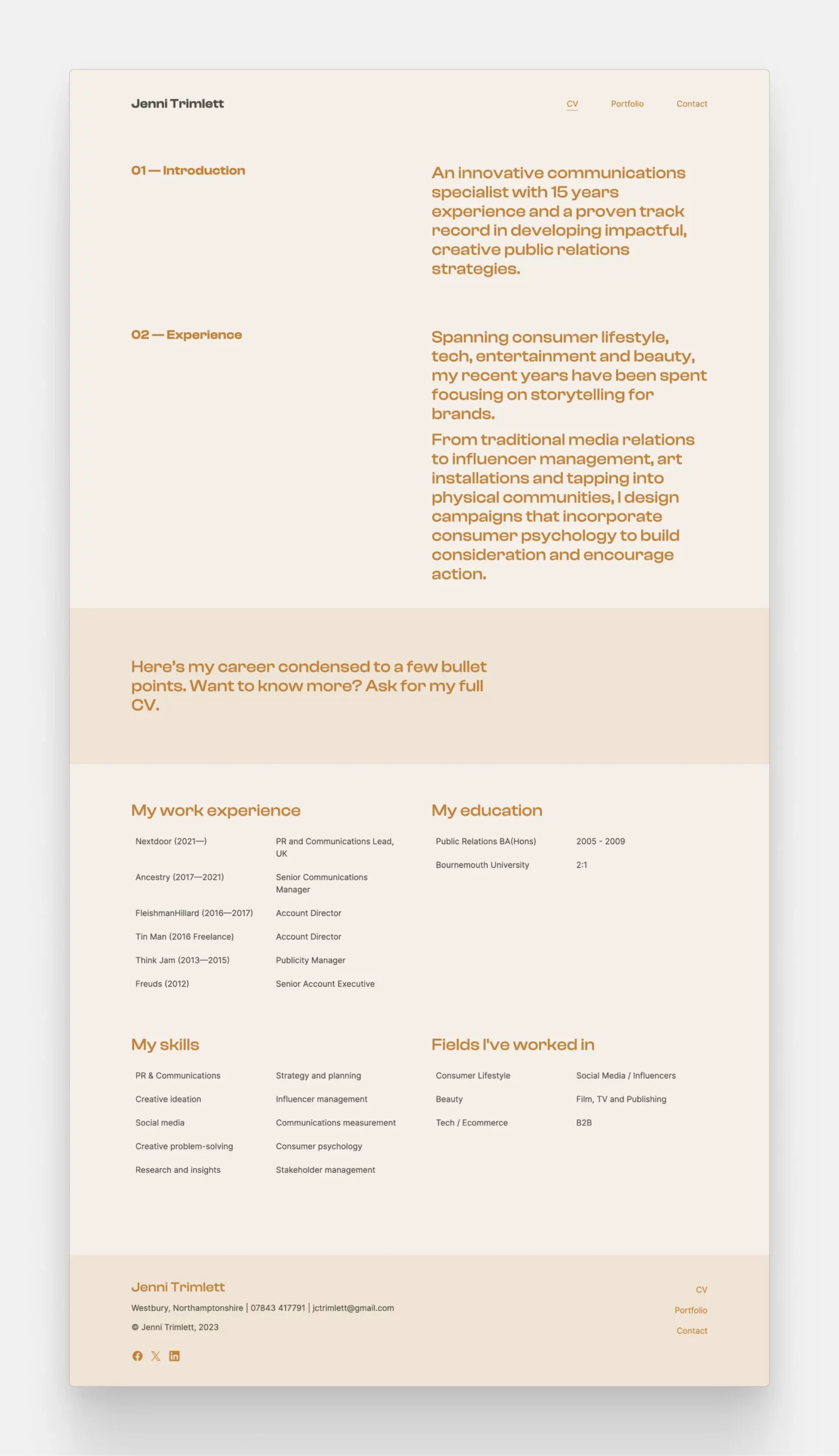 The resume of Jenni Trimlett, displayed natively on her Copyfolio website, showcasing her expertise and background in PR