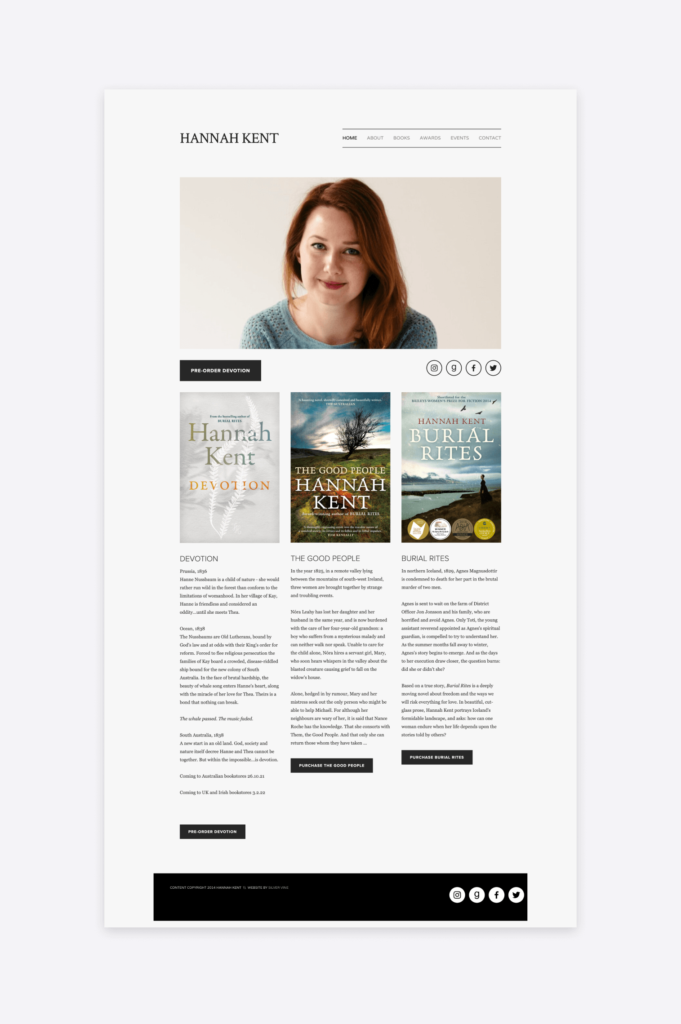 Screenshot of the author website of Hannah Kent