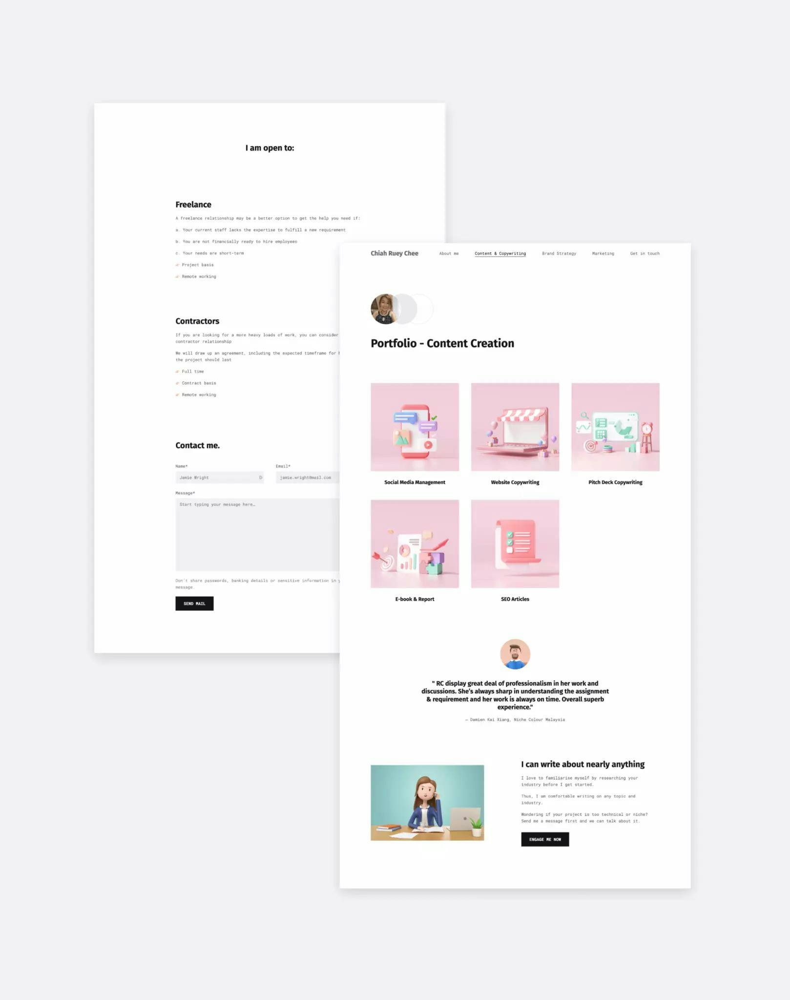 The portfolio page of Chiah Ruey Chee, showcasing copywriting projects with matching pink thumnails
