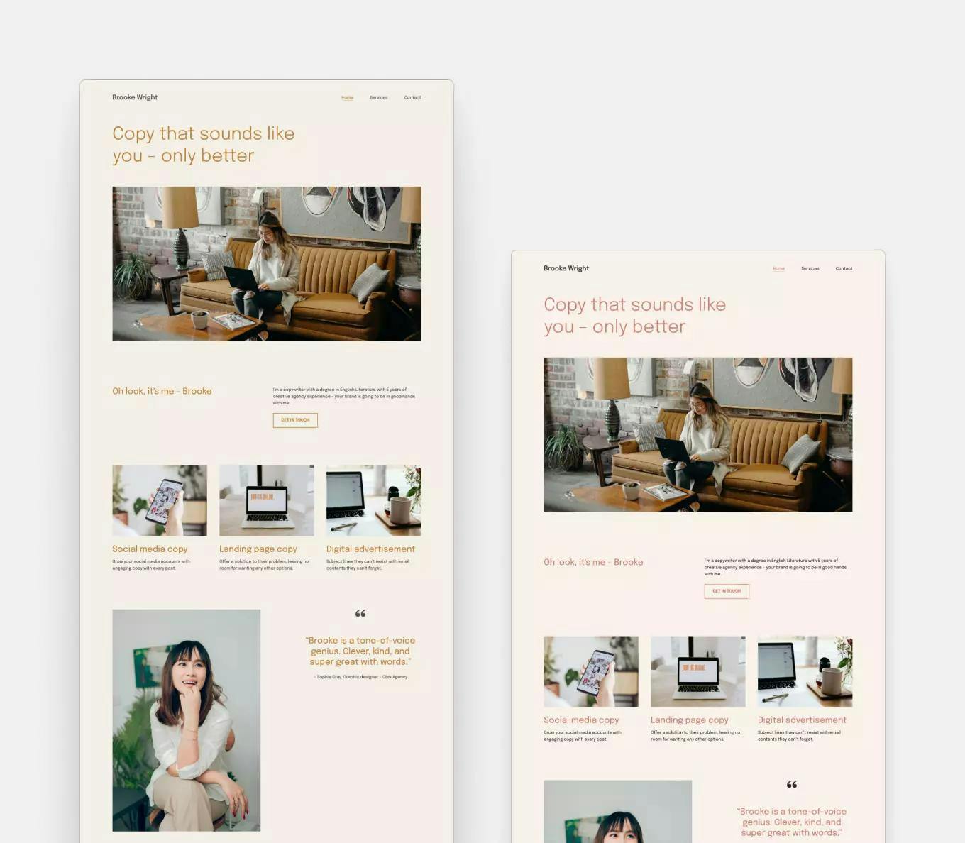 Copyfolio's Artboard template with two different color palettes and font presets. A copywriting portfolio for Brooke Wright, with the tagline saying: copy that sounds like you —only better.