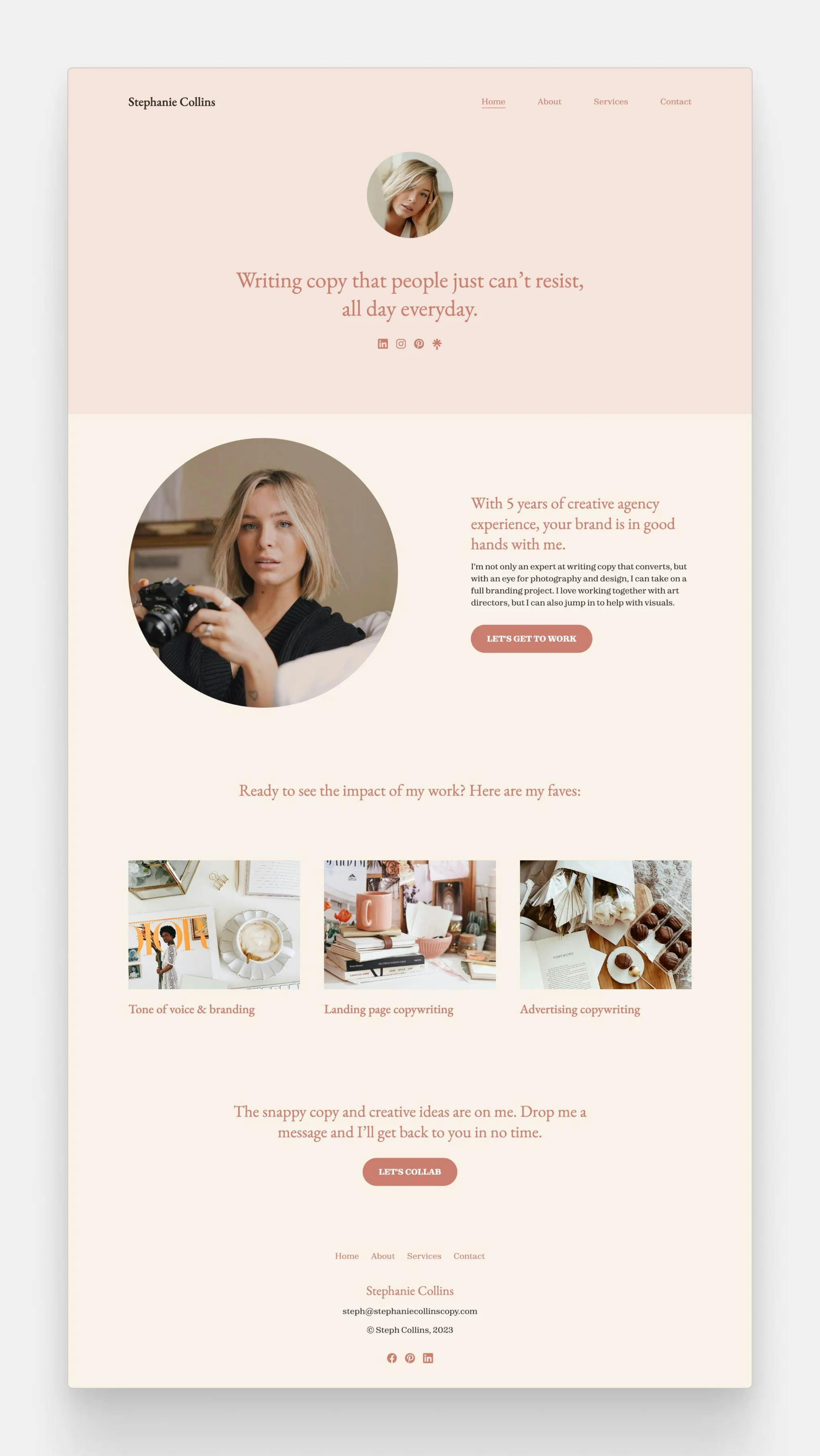 Copyfolio's popular copywriting portfolio template called Letterpress, featuring pill-shaped buttons and a pastel pink default color palette.