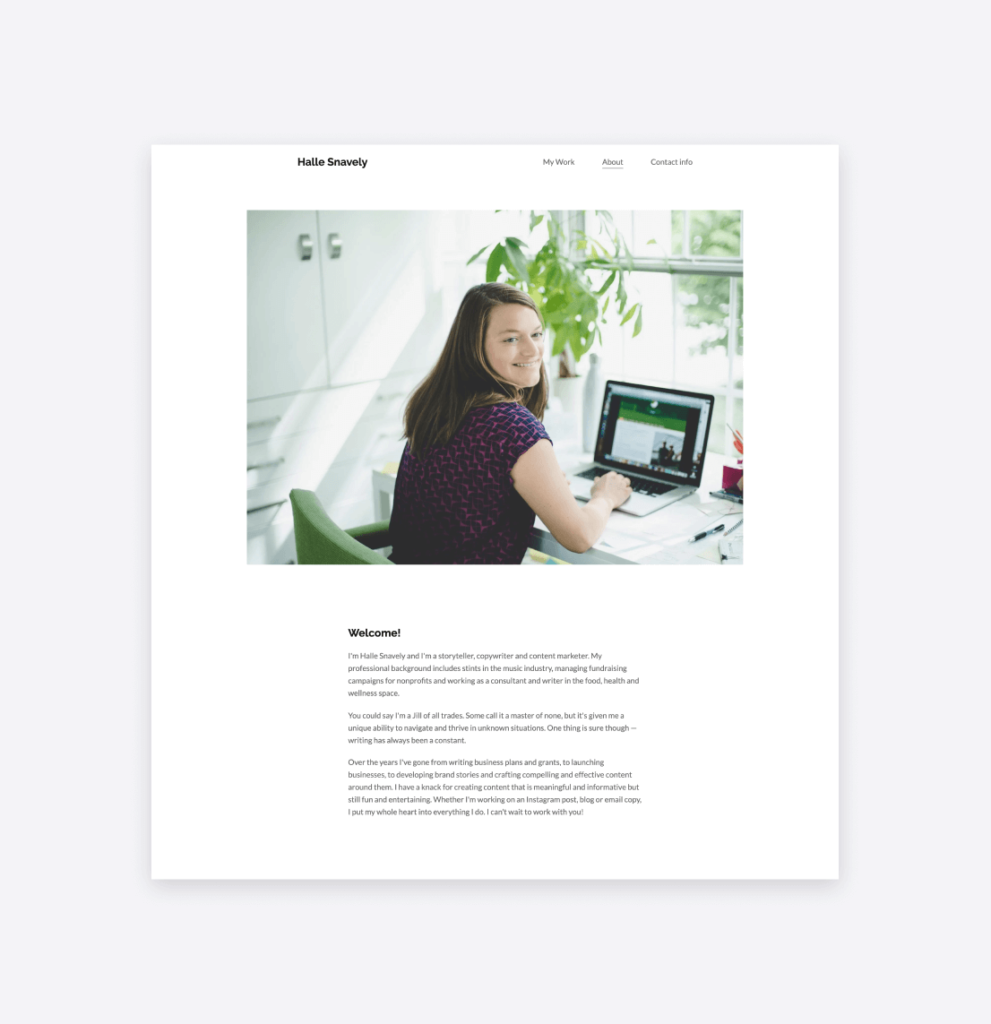 Halle Snavely's about page on her portfolio website.