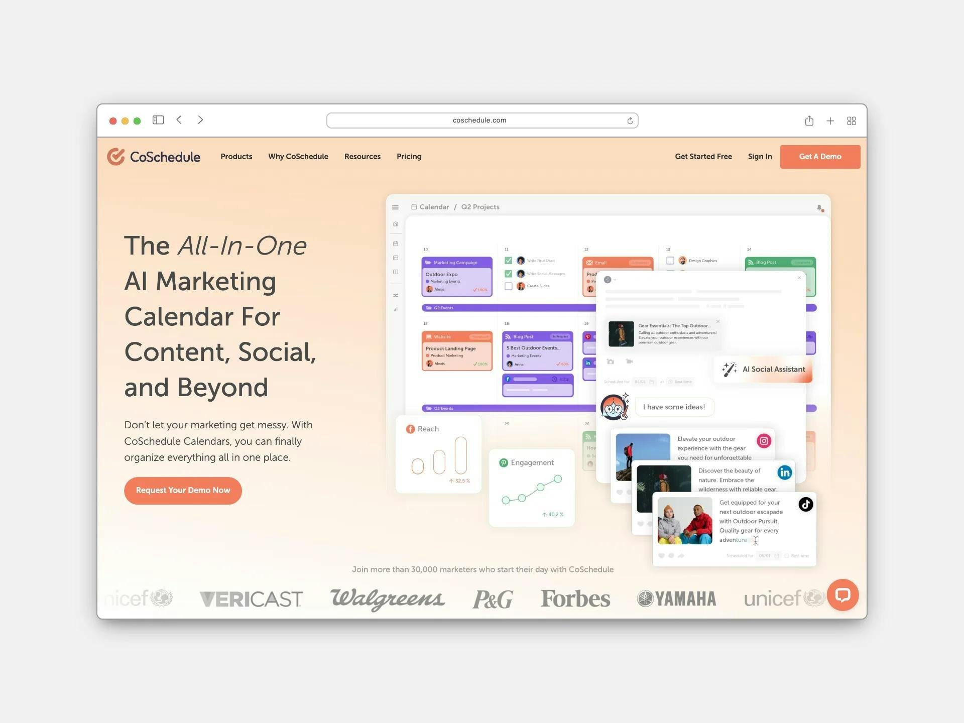 Main homepage of Coschedule, a marketing planning tool with an ai content calendar