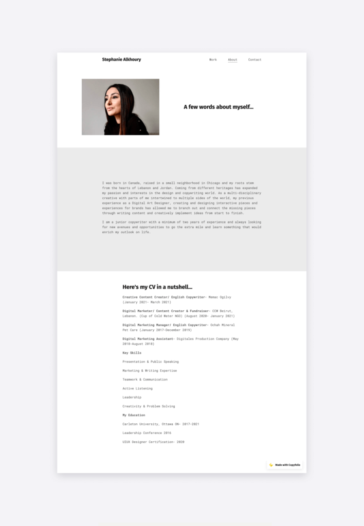 The about page and resume of Stephanie Alkhoury, featured on her portfolio website.