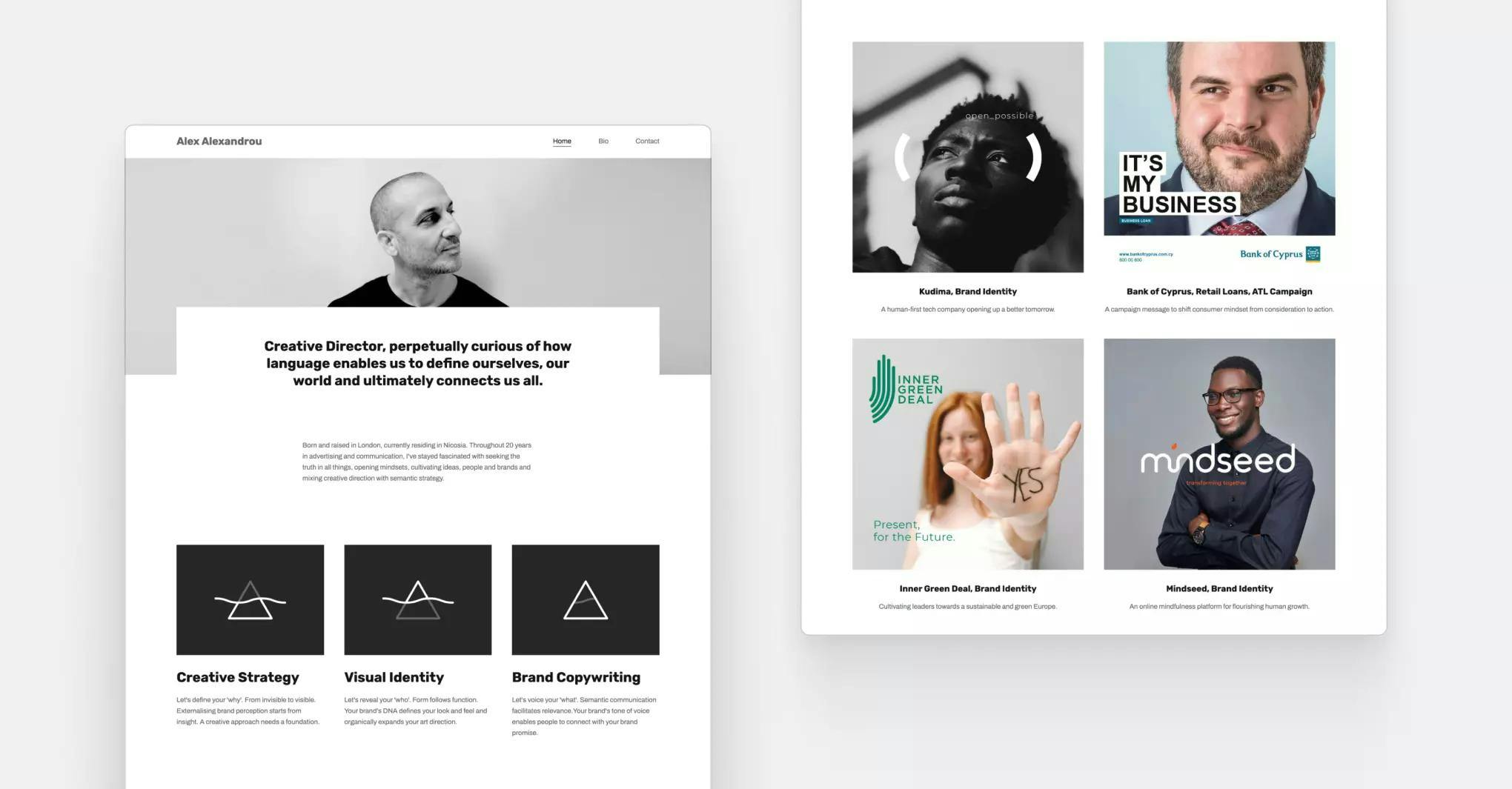 Alex Alexandrou's creative director portfolio homepage, featuring his areas of expertise and top projects.