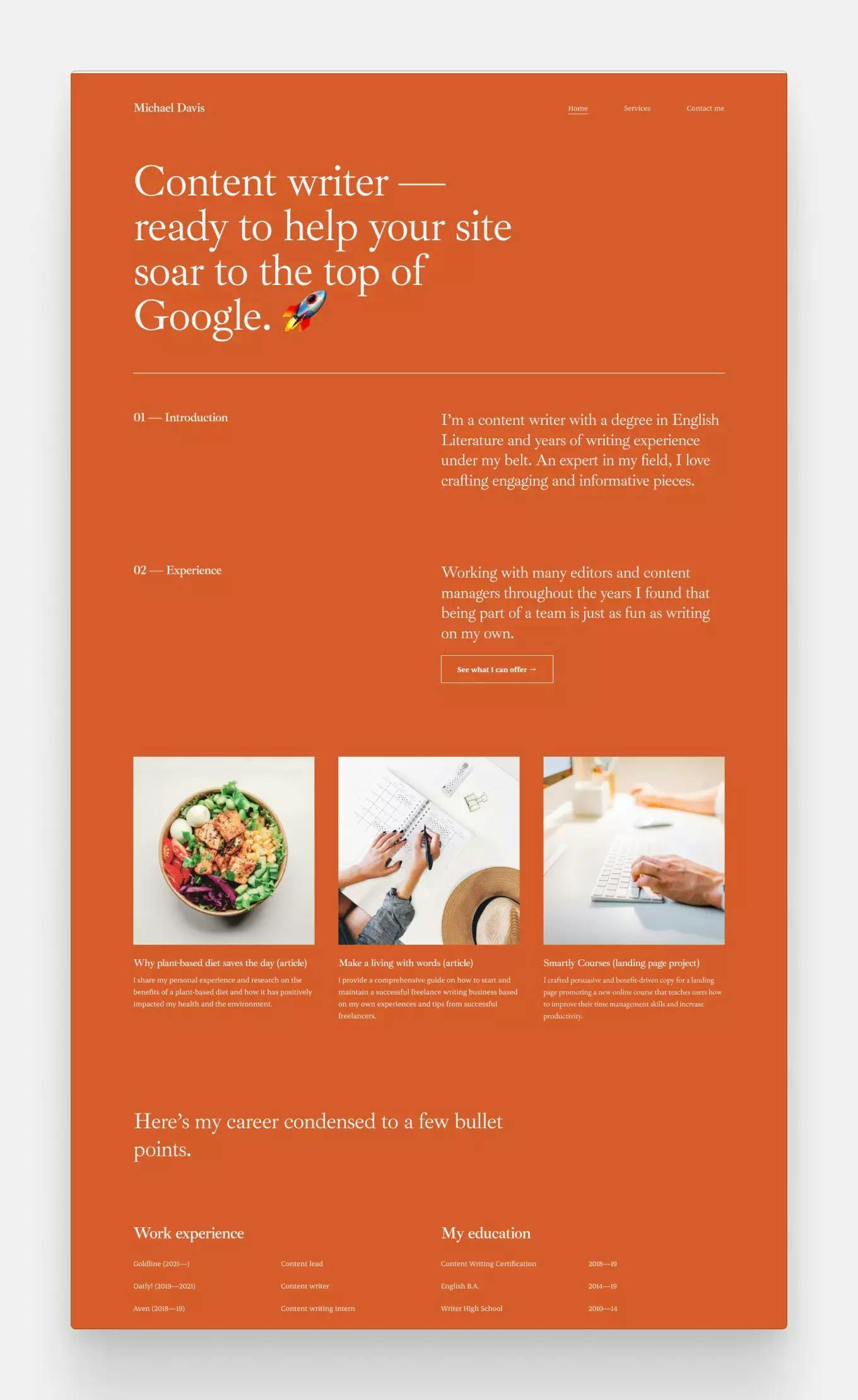 Poster, one of Copyfolio's new portfolio website templates, with a default orange background and no hero image at the top