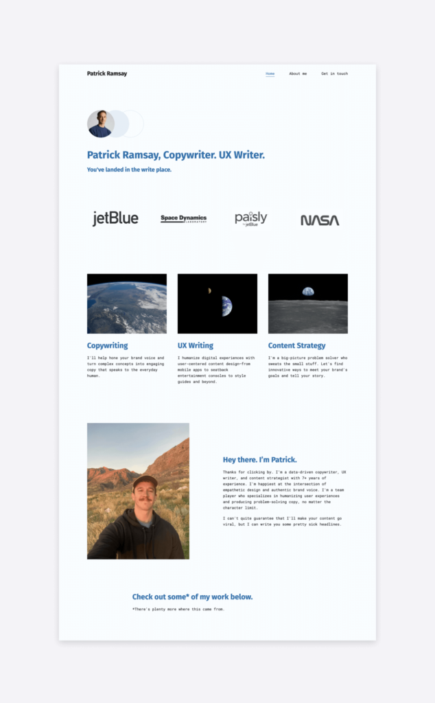 The portfolio of advertising copywriter Patrick Ramsay, showcasing his areas of expertise, brands he's worked with, and an introduction section with a picture of him
