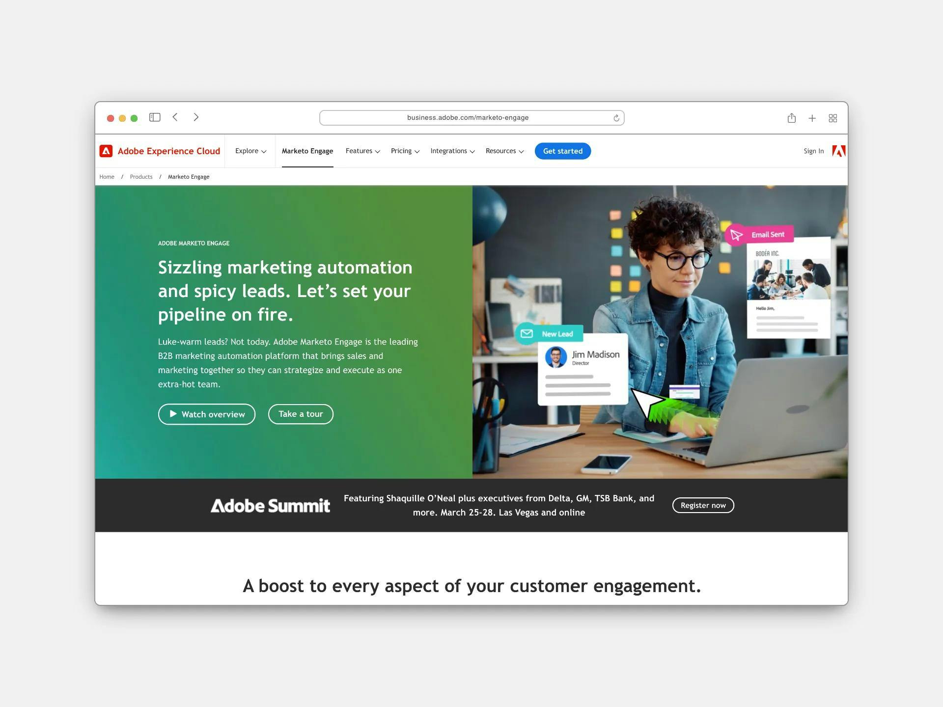 The landing page of MarketoEngage, a marketing app from the Adobe Experience Cloud
