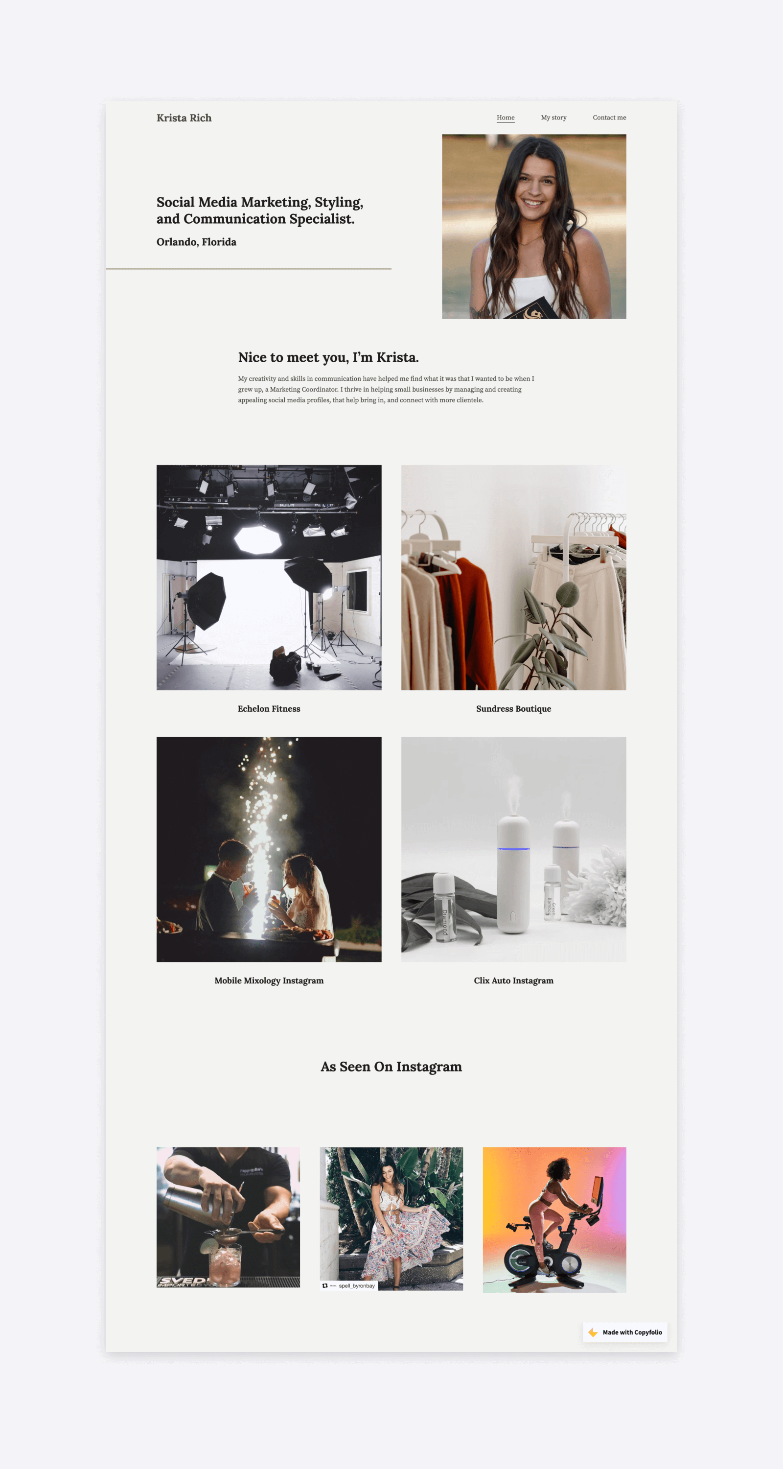 Krista Rich's portfolio website, showcasing her marketing projects, divided into categories