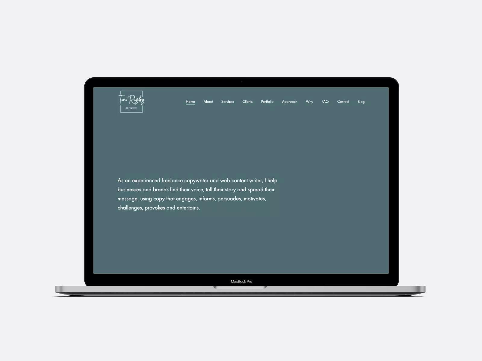 The simple homepage of Tom Rigby's copywriting portfolio with a top menu for more pages like his about or portfolio page