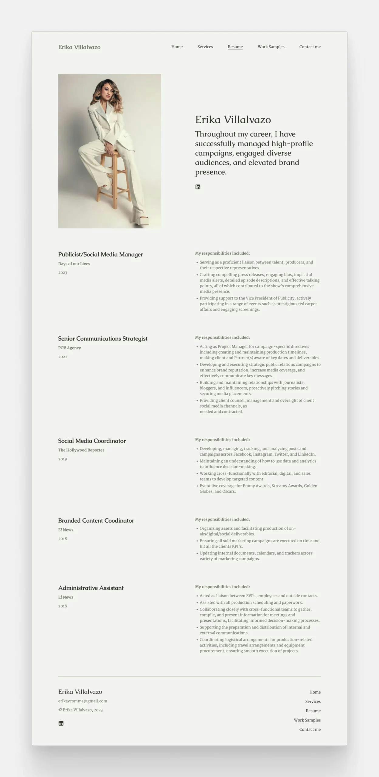 Erika's PR resume, featured on her portfolio website