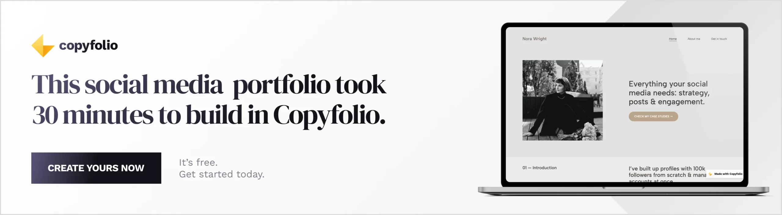 Banner, saying: This social media portfolio took 30 minutes to build in Copyfolio. Under the tagline, there's a button saying 