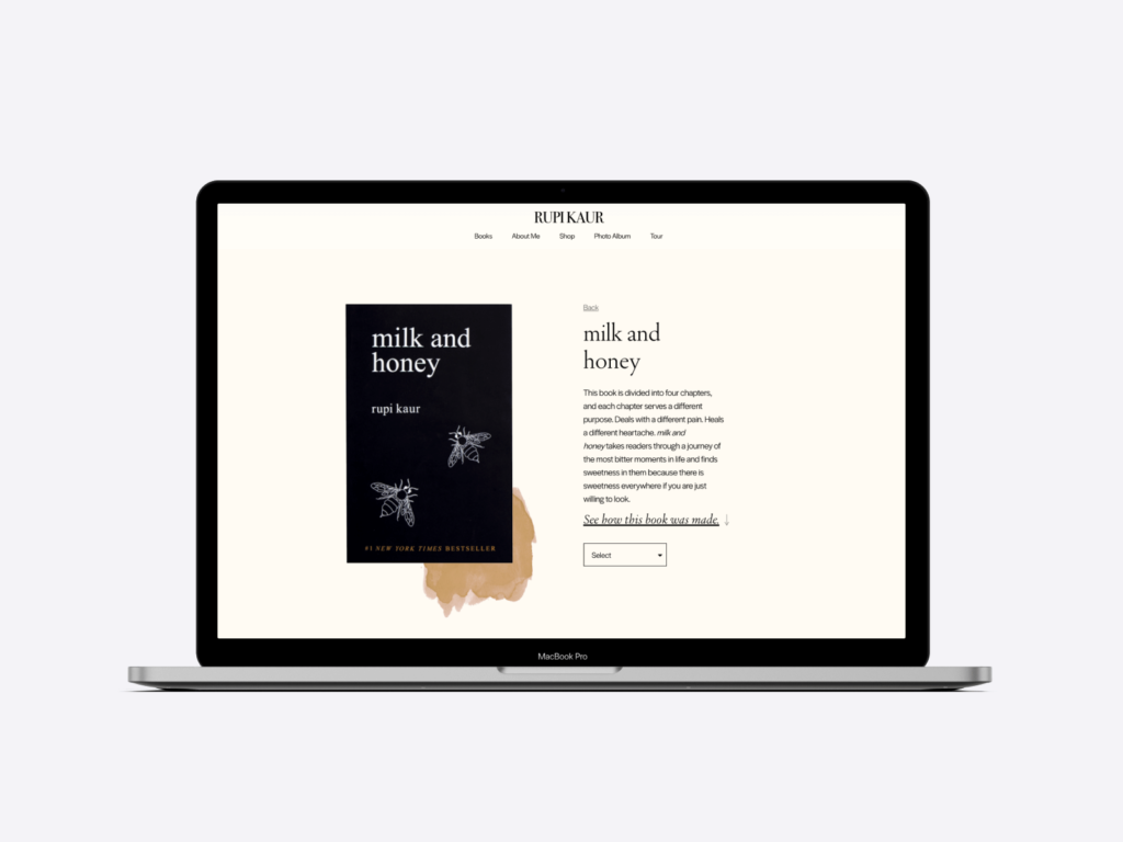 Rupi Kaur's author website, featuring her bestseller book, milk and honey. Screenshot of the page displayed in a laptop mockup.