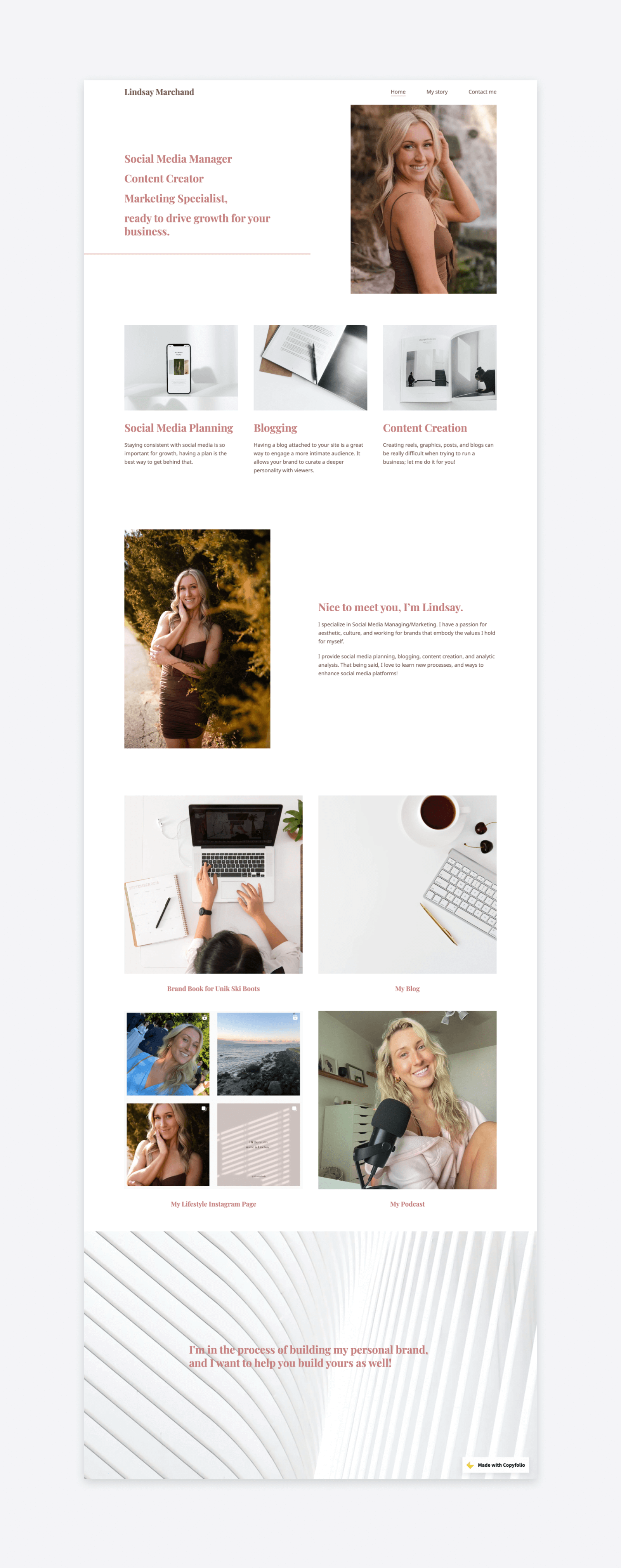 Lindsay's marketing portfolio, showcasing her top services, a short intro section about her, and her favorite projects