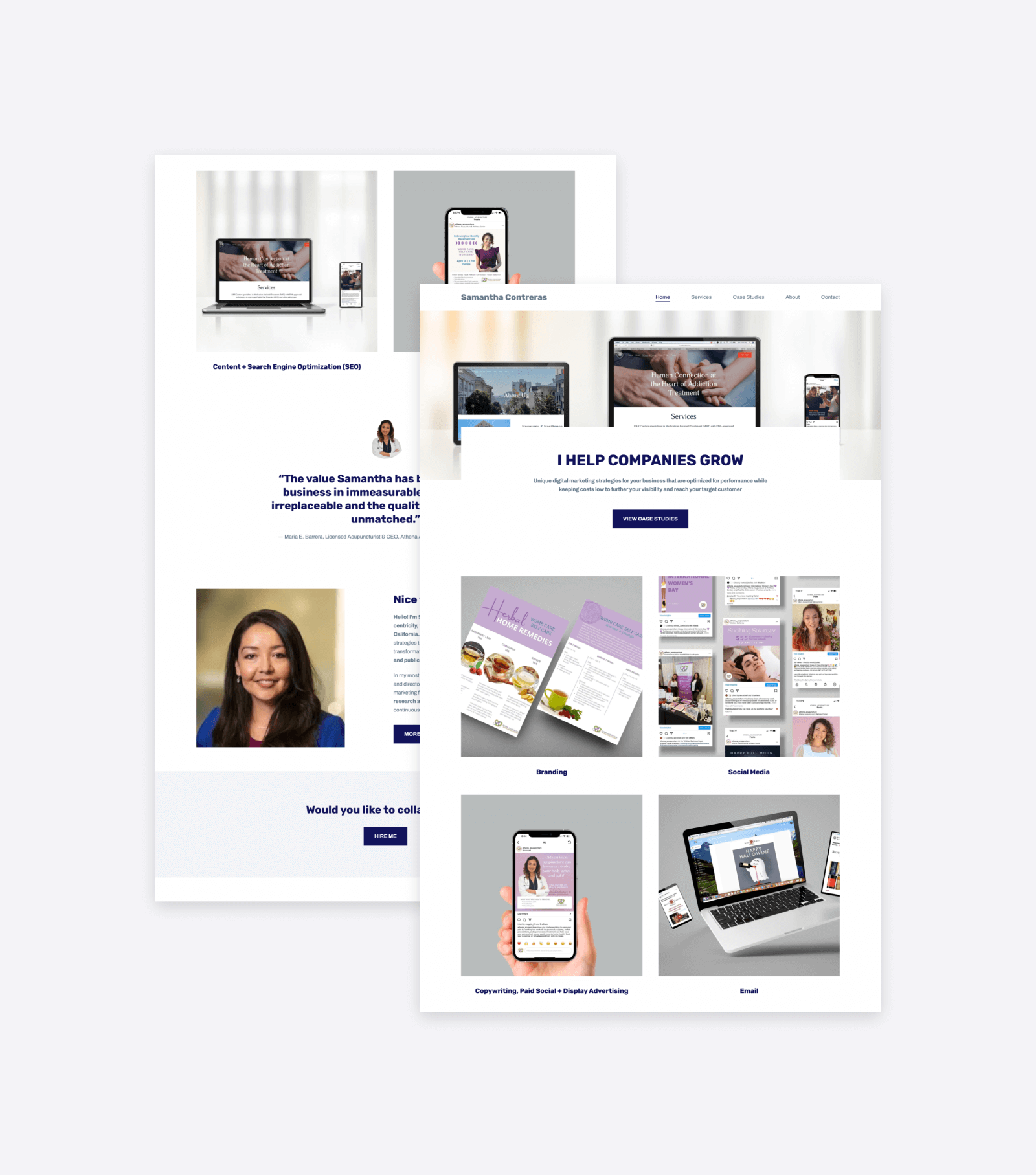 The portfolio of experienced marketer Samantha, showcasing her best marketing projects in a portfolio grid